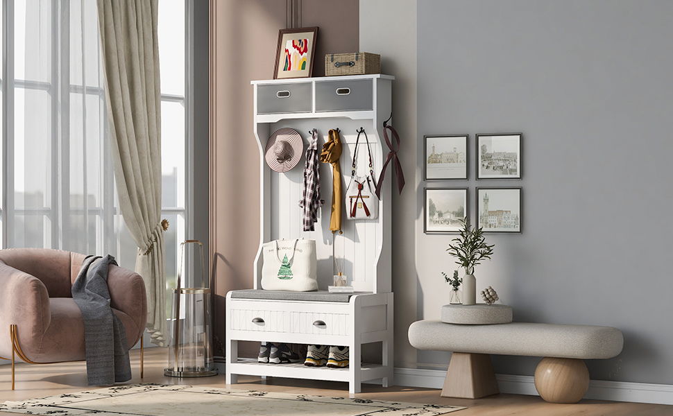 Hall Tree With 6 Hooks And Hinged Lid, Coat Hanger, Storage Bench, 3 In 1 Design