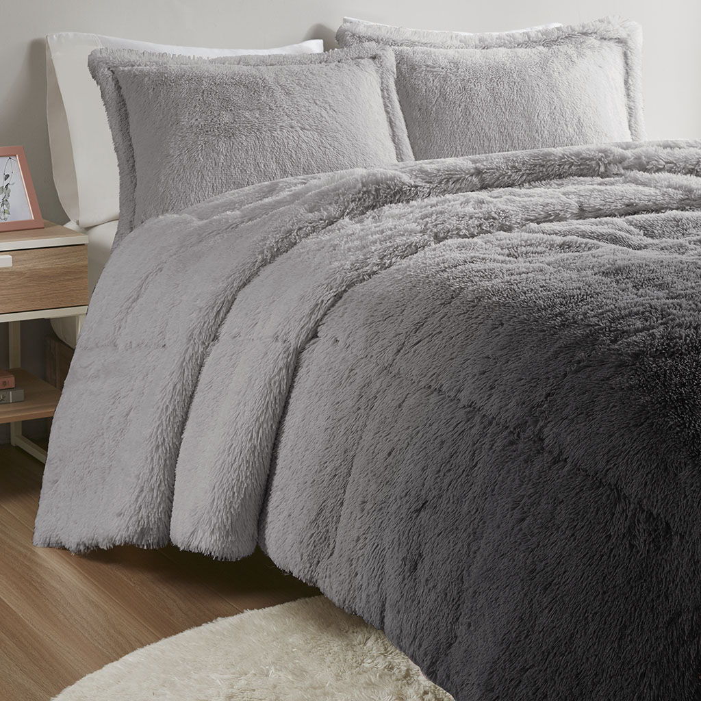 Brielle - Twin Ombre Shaggy Long Comforter Mini Set - Gray