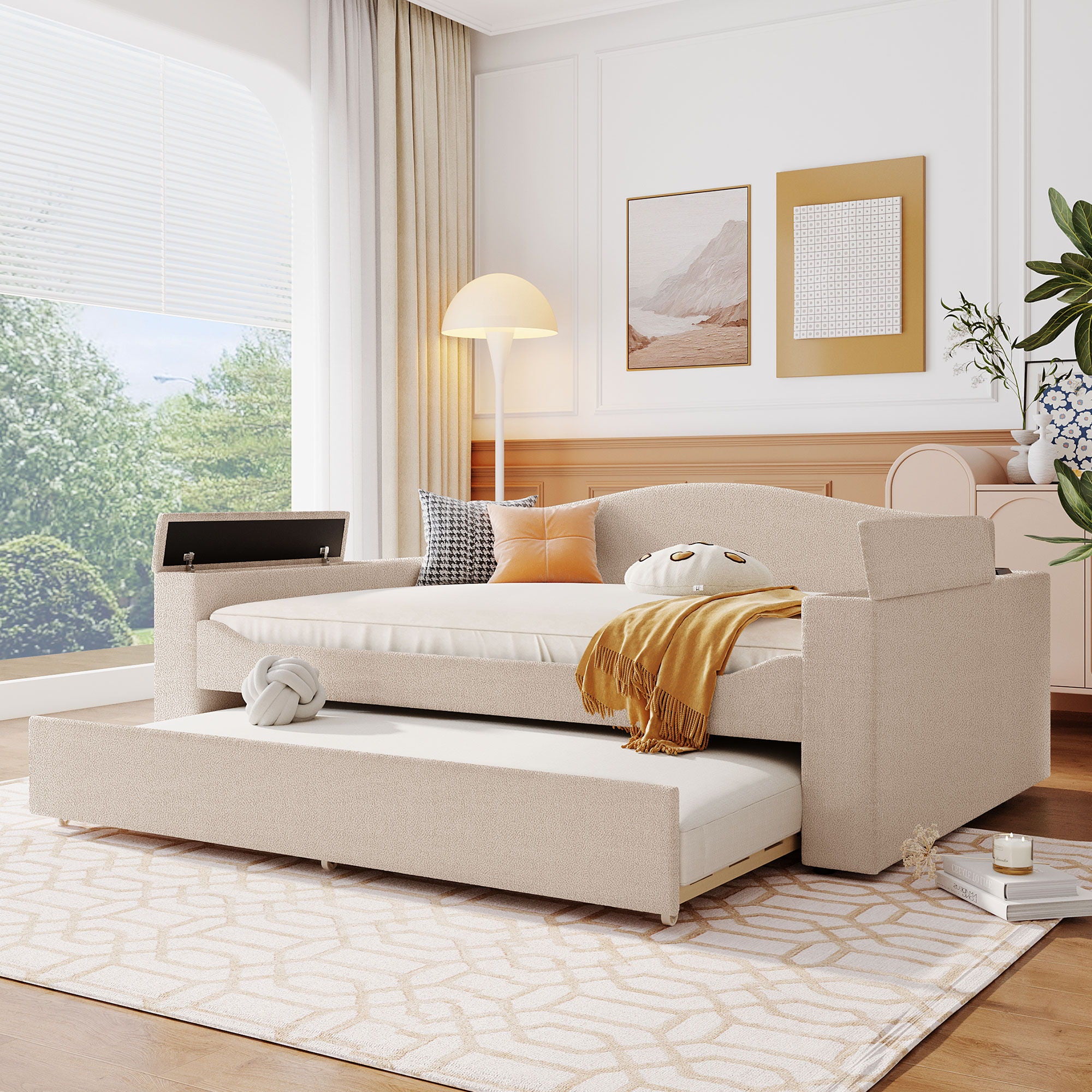 Upholstered Daybed With Storage Armrests, Trundle And Latest Integrated tooth Audio System