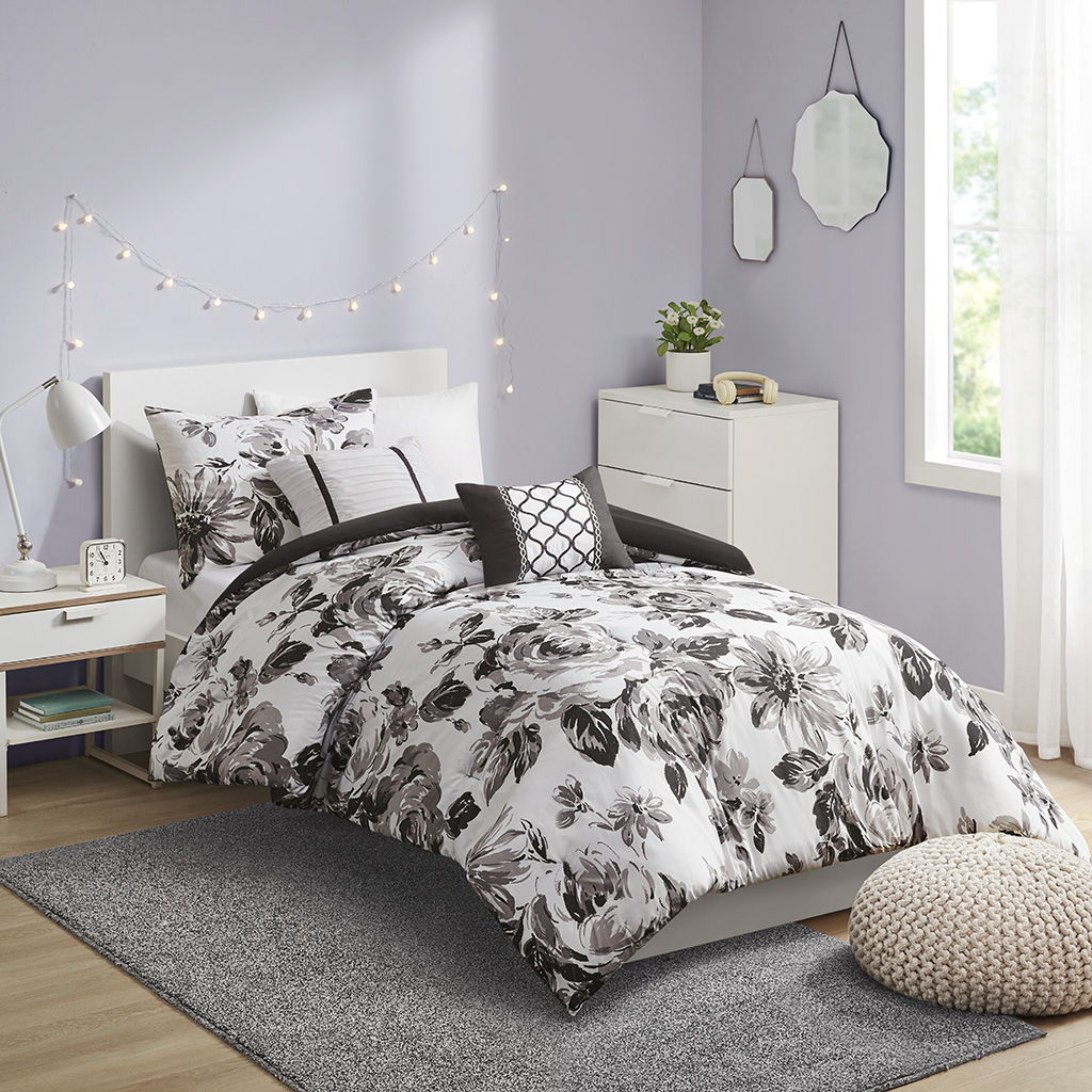 Dorsey - Twin Floral Print Comforter Set - Black / White