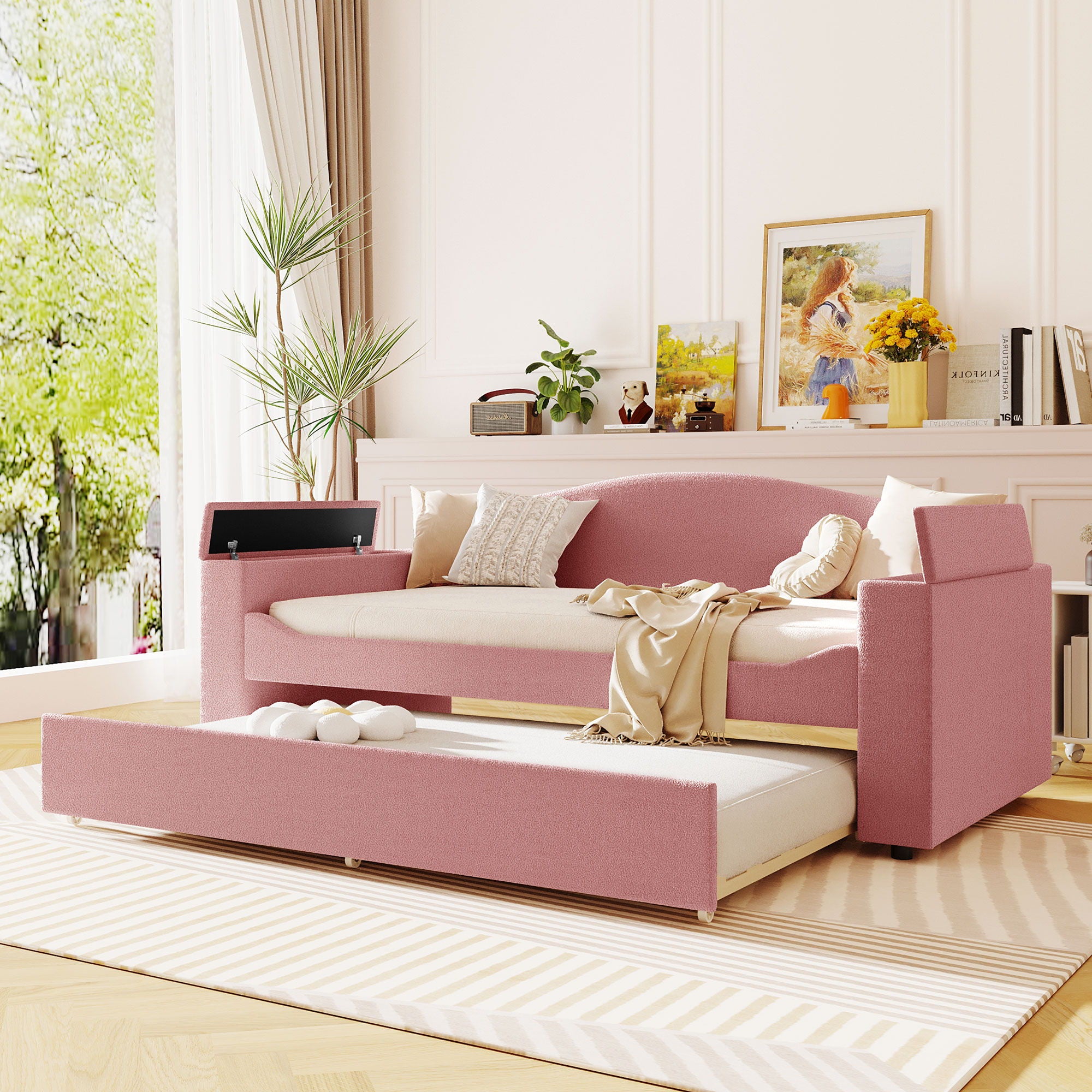 Upholstered Daybed With Storage Armrests, Trundle And Latest Integrated tooth Audio System