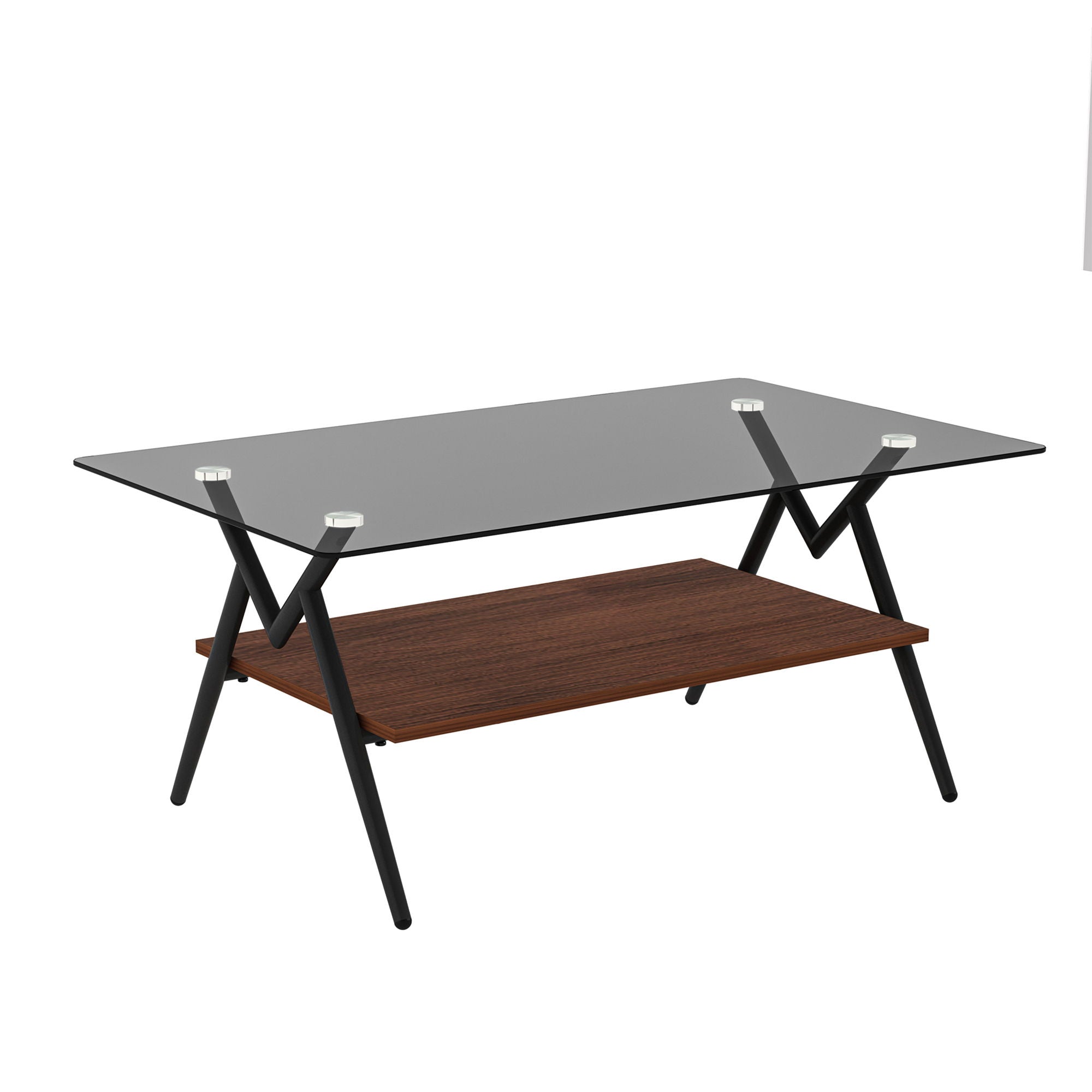 Rectangle Coffee Table With Tempered Glass Top And Shelf, Modern Table For Living Room