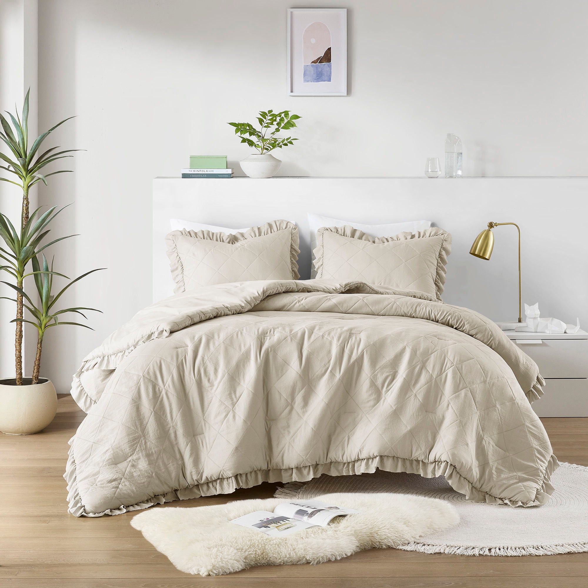 Phoebe - Twin/Twin Long Diamond Quilted Ruffle Edge Comforter Set - Neutral