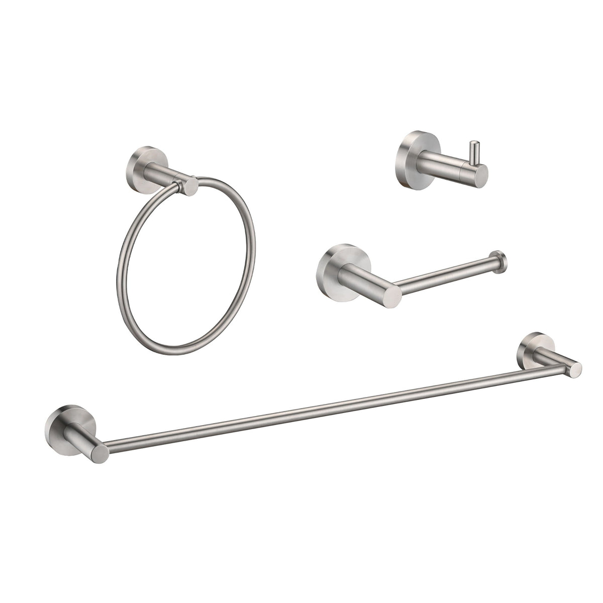 Bathroom Set 4 Pack With Towel Bar Racks, Toilet Paper Holder, Ring, Hook, Stainless Steel - Brushed Nickel