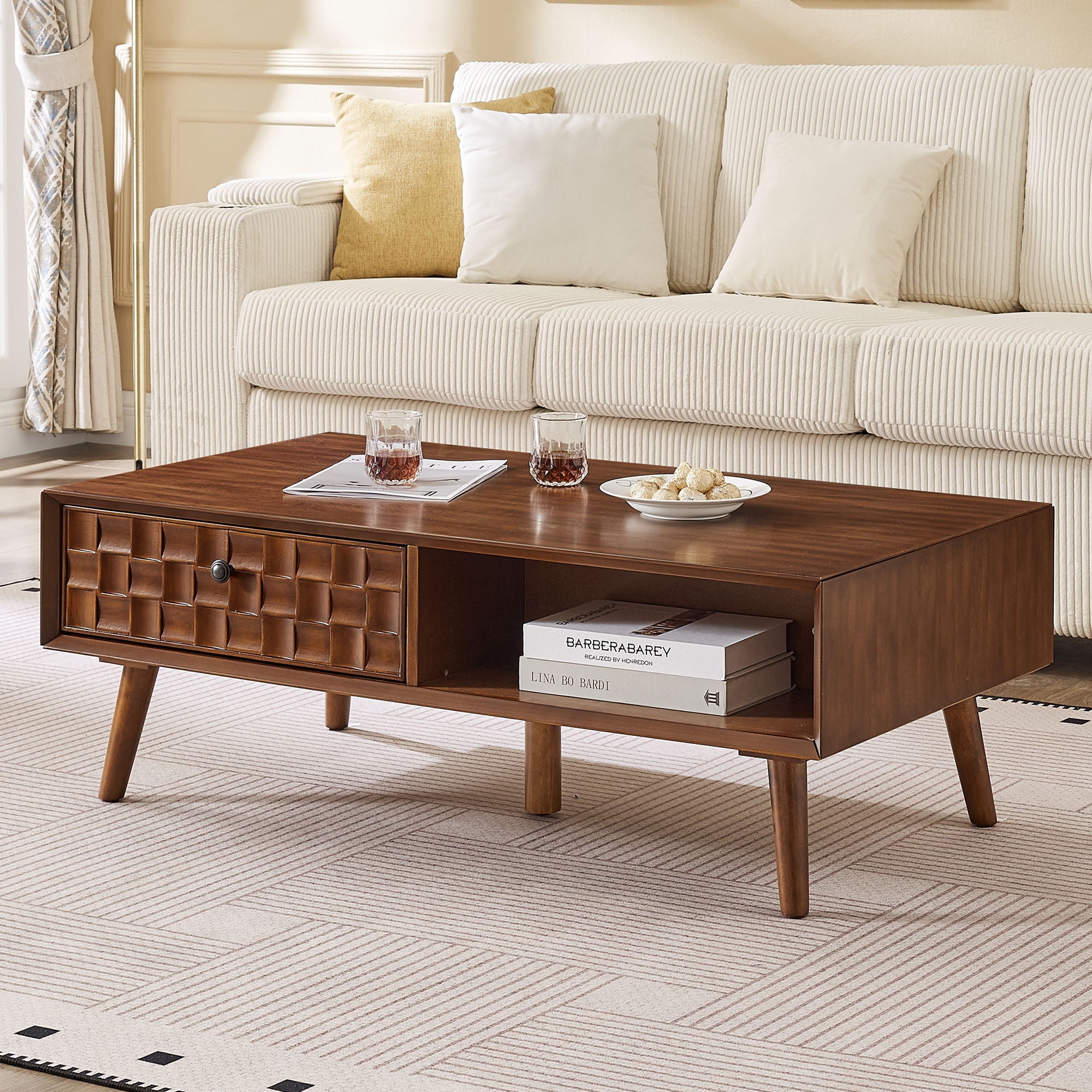 Coffee Table With Hidden Drawer And Open Shelf