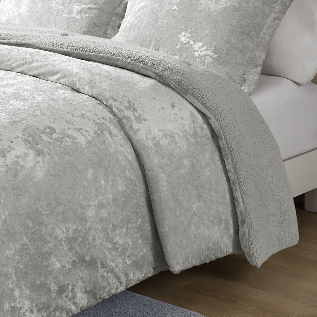 Mira - Crushed Velvet Sherpa Reversible Comforter Set - Silver