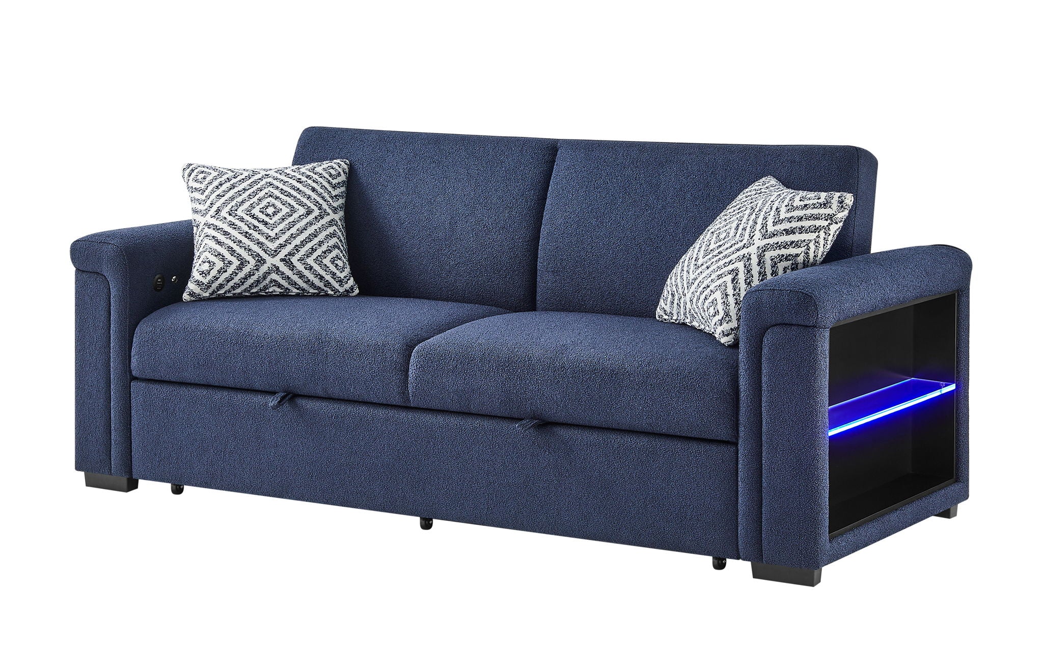 U0211 - Pull Out Sofa Bed With Wooden Bookcase Arm With LED Acrylic Shelves And Speakers - Navy