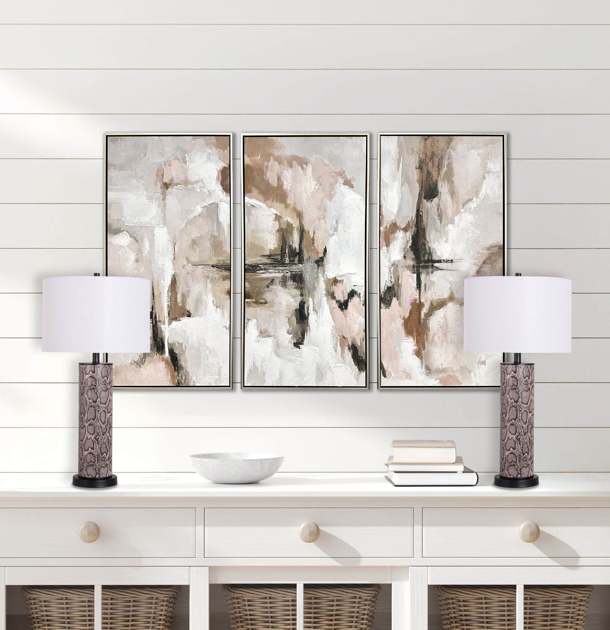 "Serpent Elegance" Faux Leather Table Lamp With Metal Base (Set of 2) - Snake Skin / Asb Gray