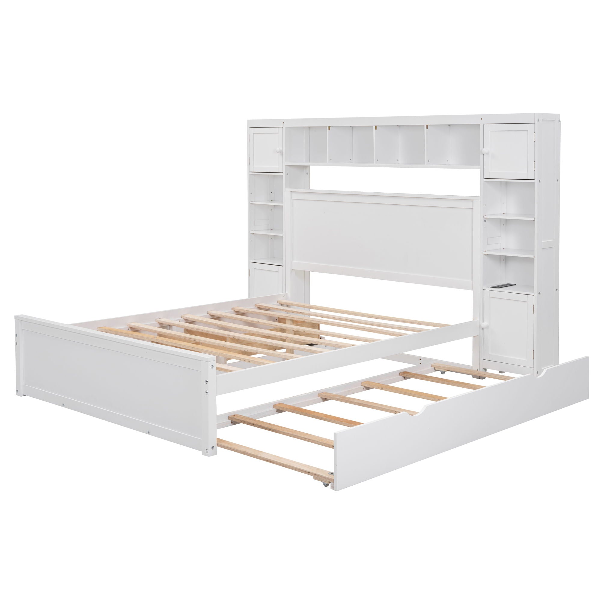 Bed With All In One Cabinet, Shelf And Sockets, Twin Long Trundle