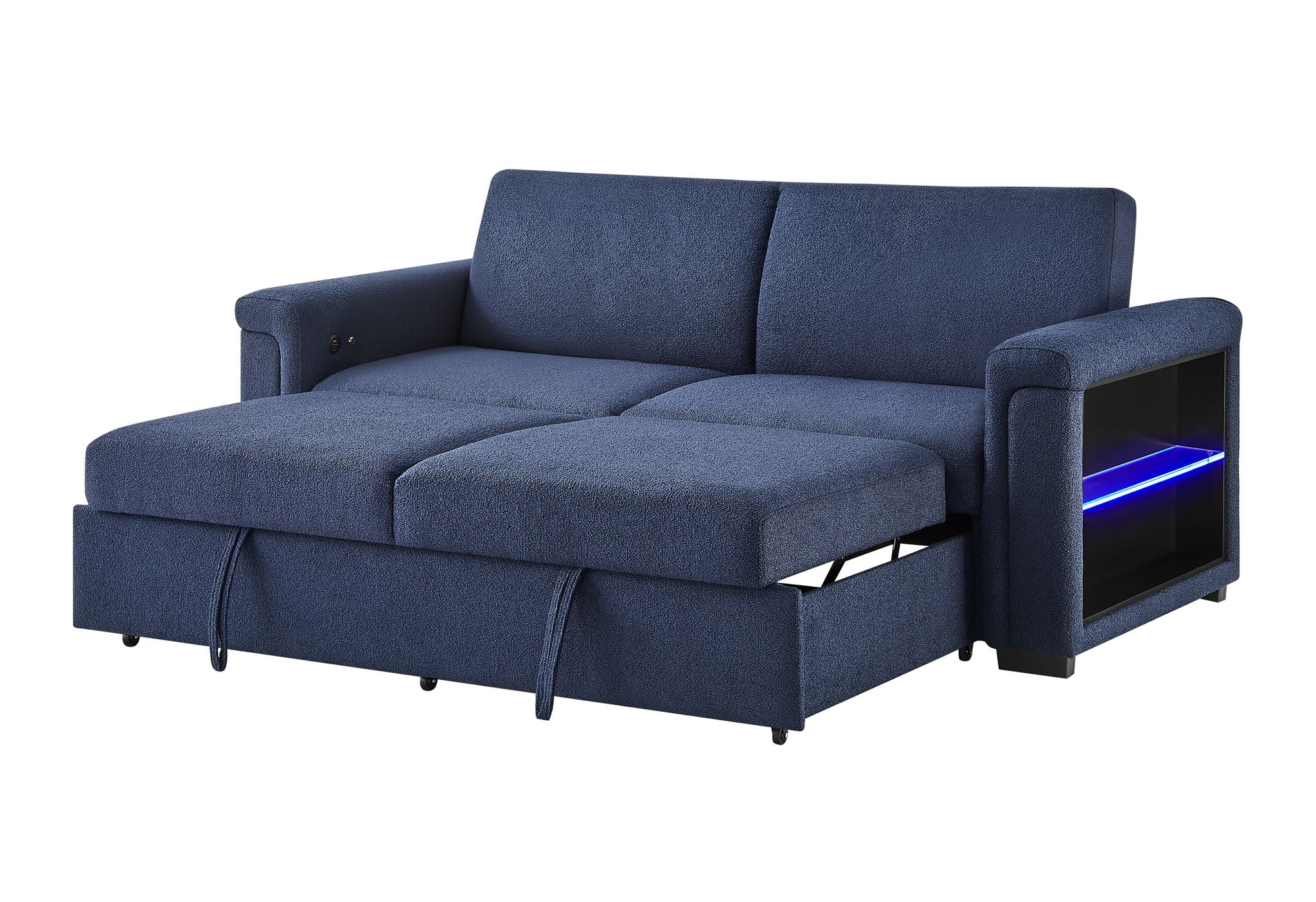 U0211 - Wooden Bookcase Sofa Bed Arms With Acrylic Shelf, LED, And Speakers - Navy