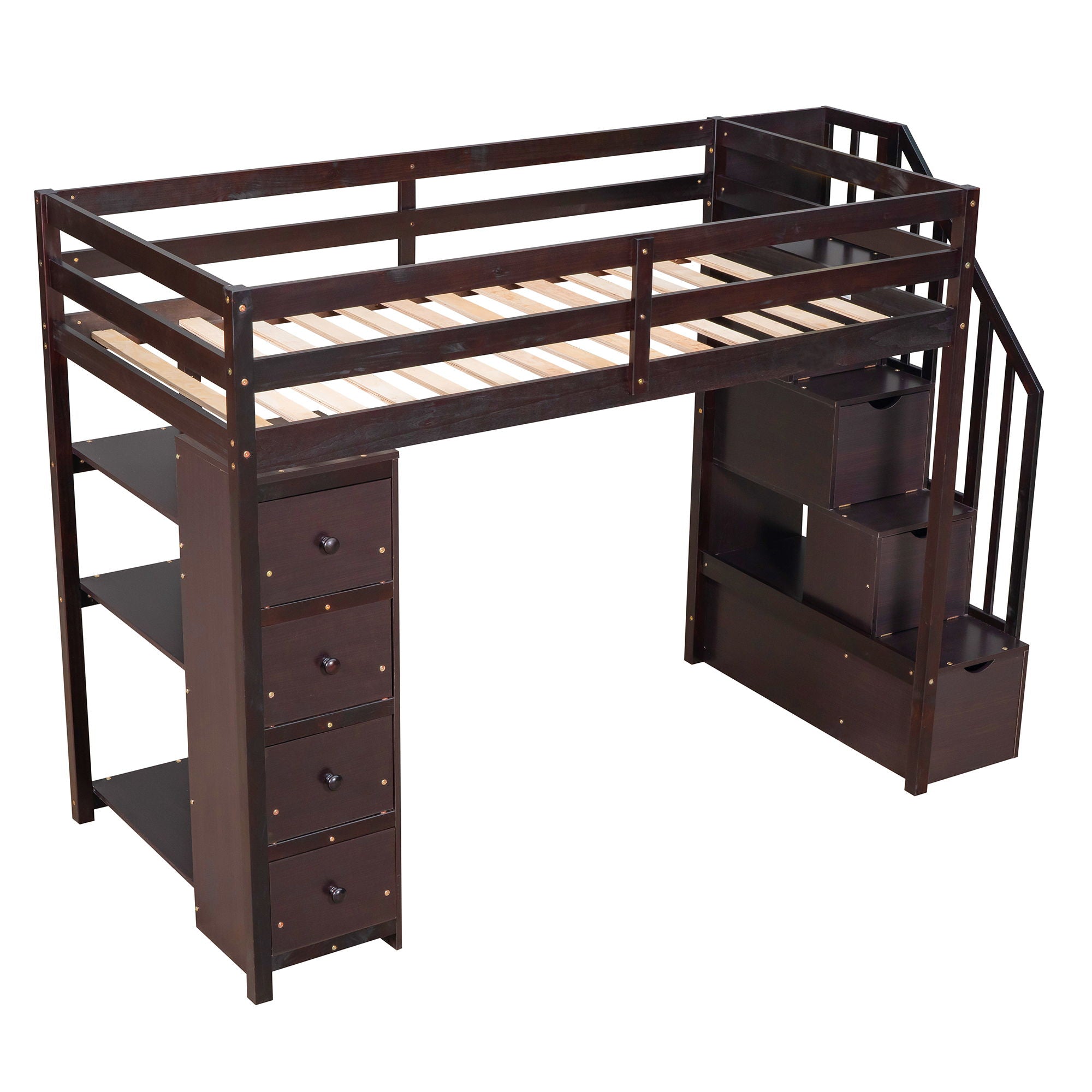 Loft Bed With Storage Drawers And Stairs With Shelves
