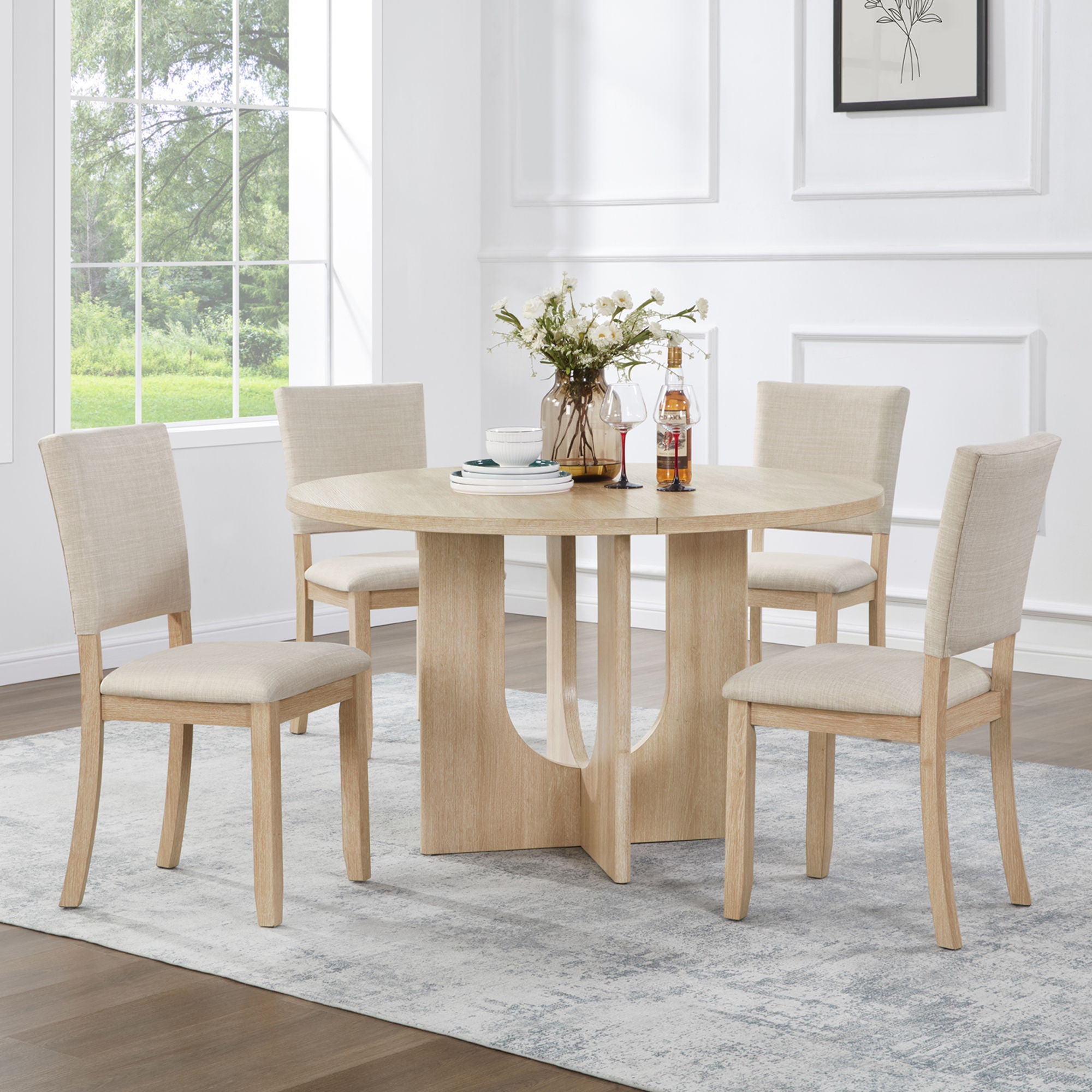Round Dining Set With 4 Upholstered Dining Chairs
