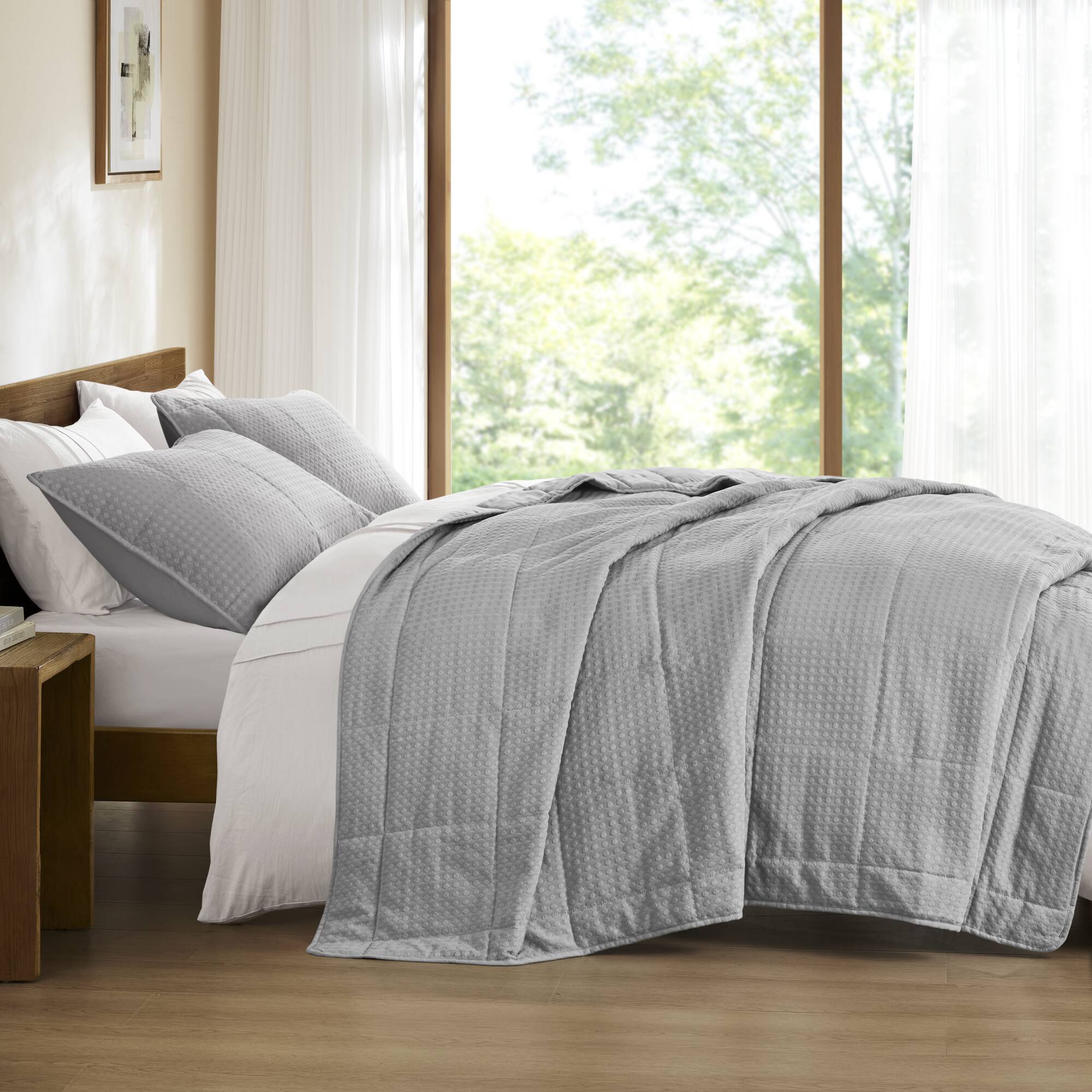 Mina - King/California King Waffle Weave Textured Quilt Set - Gray