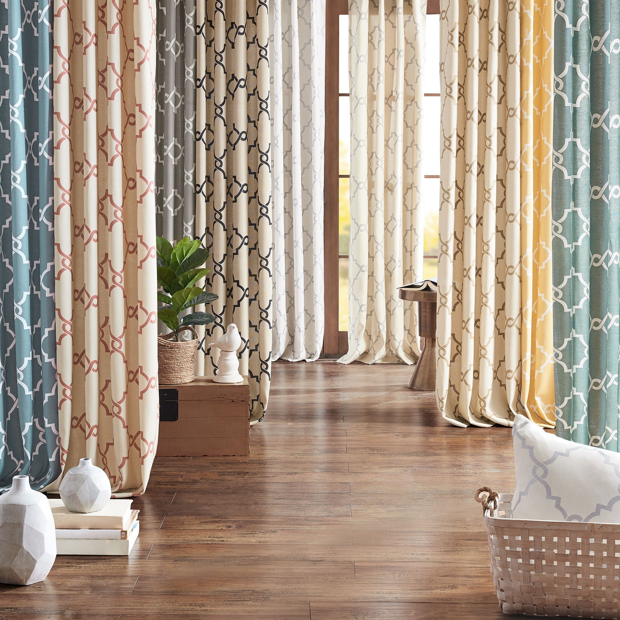 Saratoga - 108" Fretwork Print Grommet Top Window Curtain - Gray