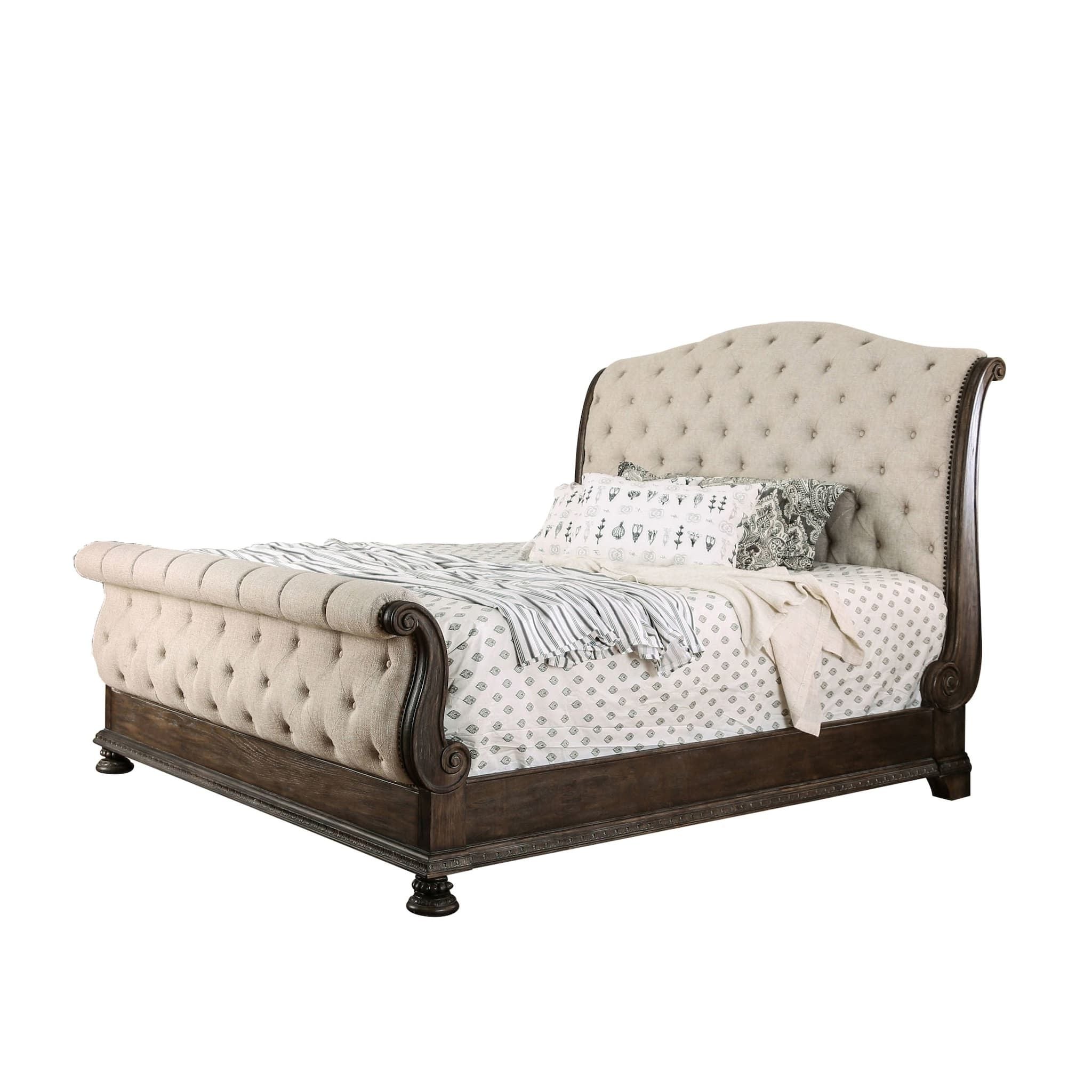 Sleigh Bed With Button Tufted Fabric Headboard And Footboard