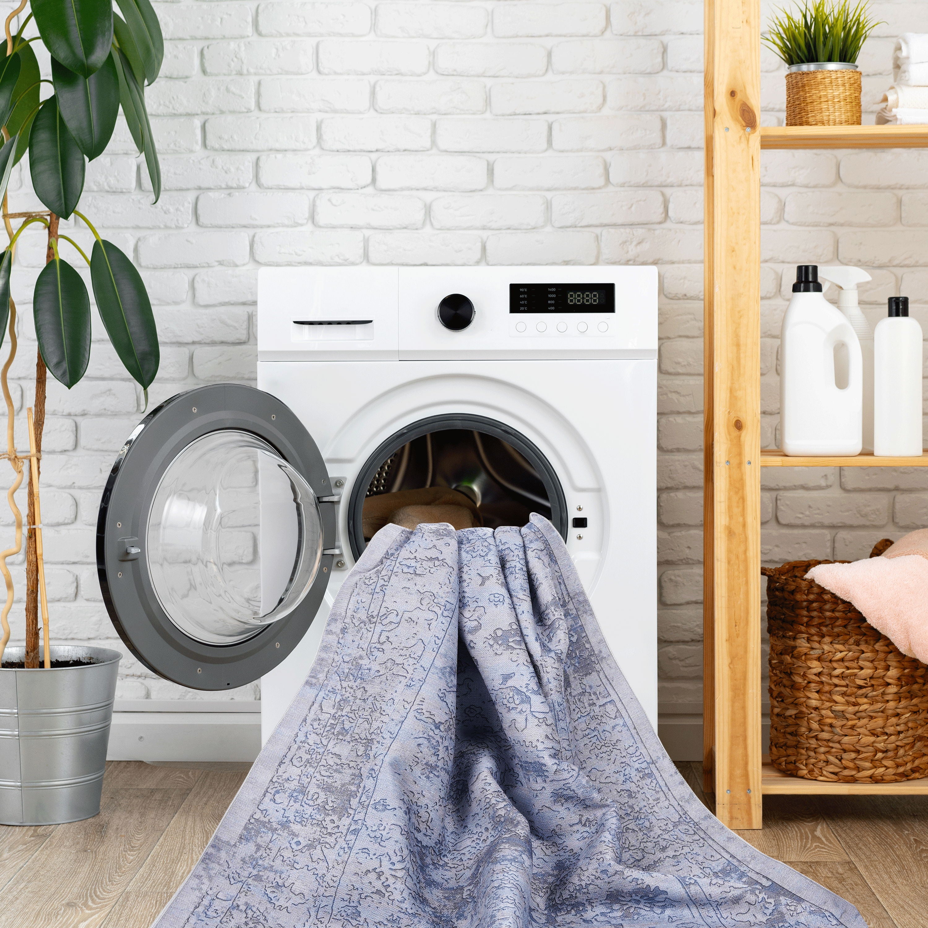 Maval - 2'6'' X 10' Washable Runner Rug - Blue / Cream