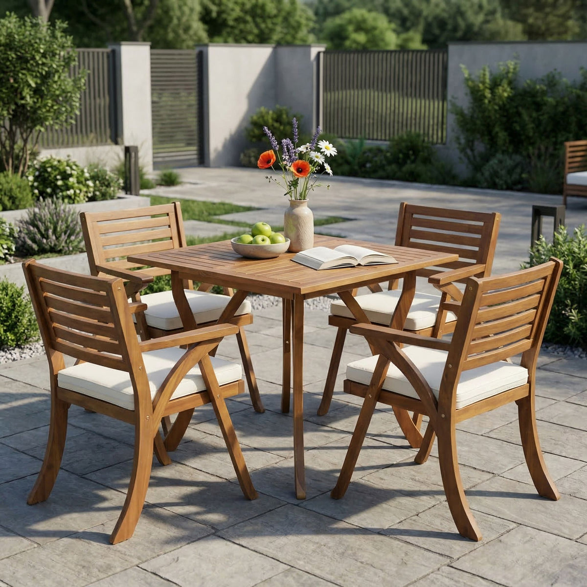 Outdoor Hermosa 5 Piece Wood Dining Set With Cushions - Teak / Beige