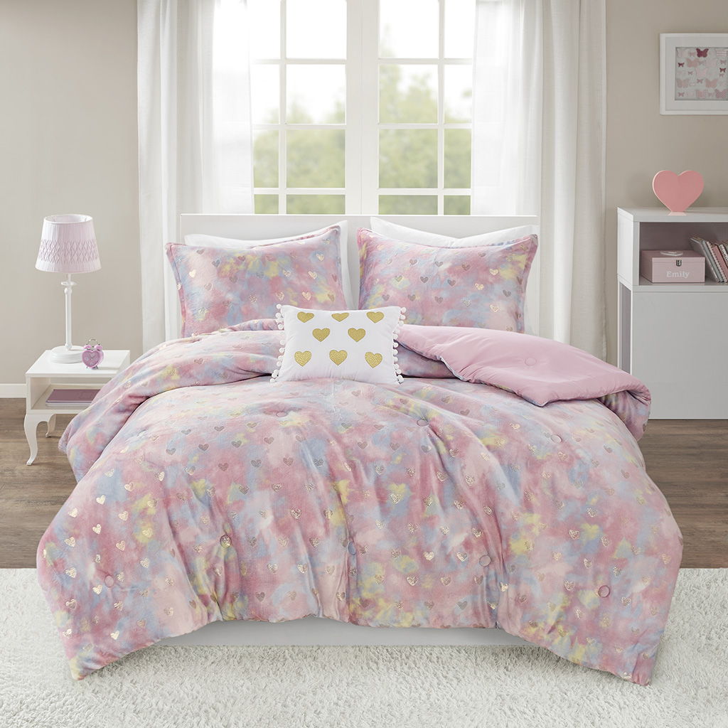 Rosalie - 4 Piece Full/Queen Metallic Printed Plush Comforter Set With Throw Pillow - Pink Multi/Gold