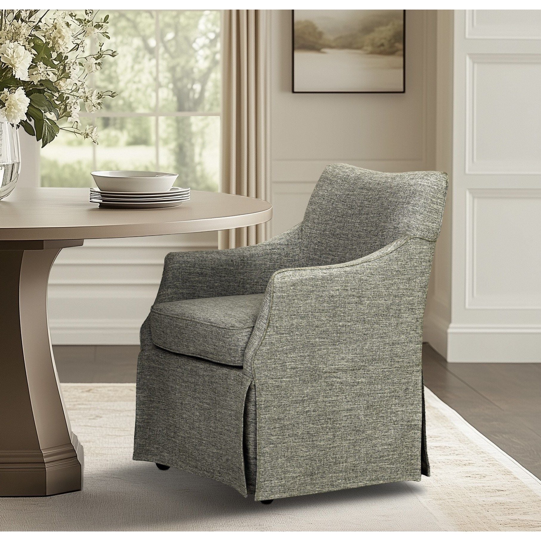 London - Upholstered Skirted Dining Arm Chair With Hidden Casters - Gray