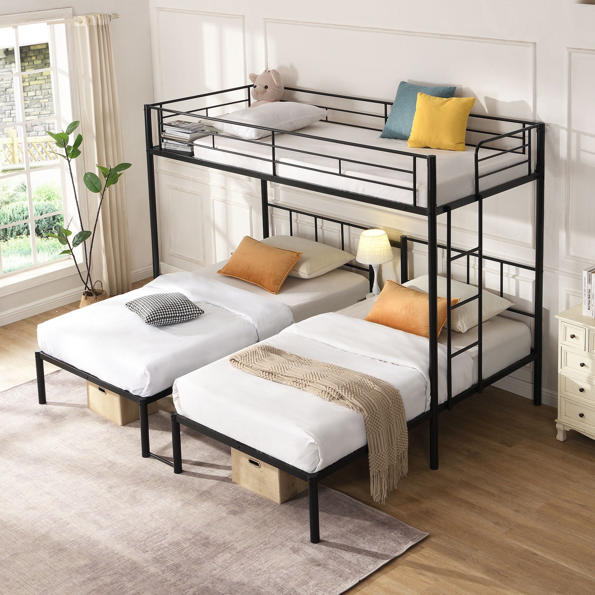 Twin Over Twin Over Twin Triple Bunk Bed With Safety Rails And Storage Shelf - Black