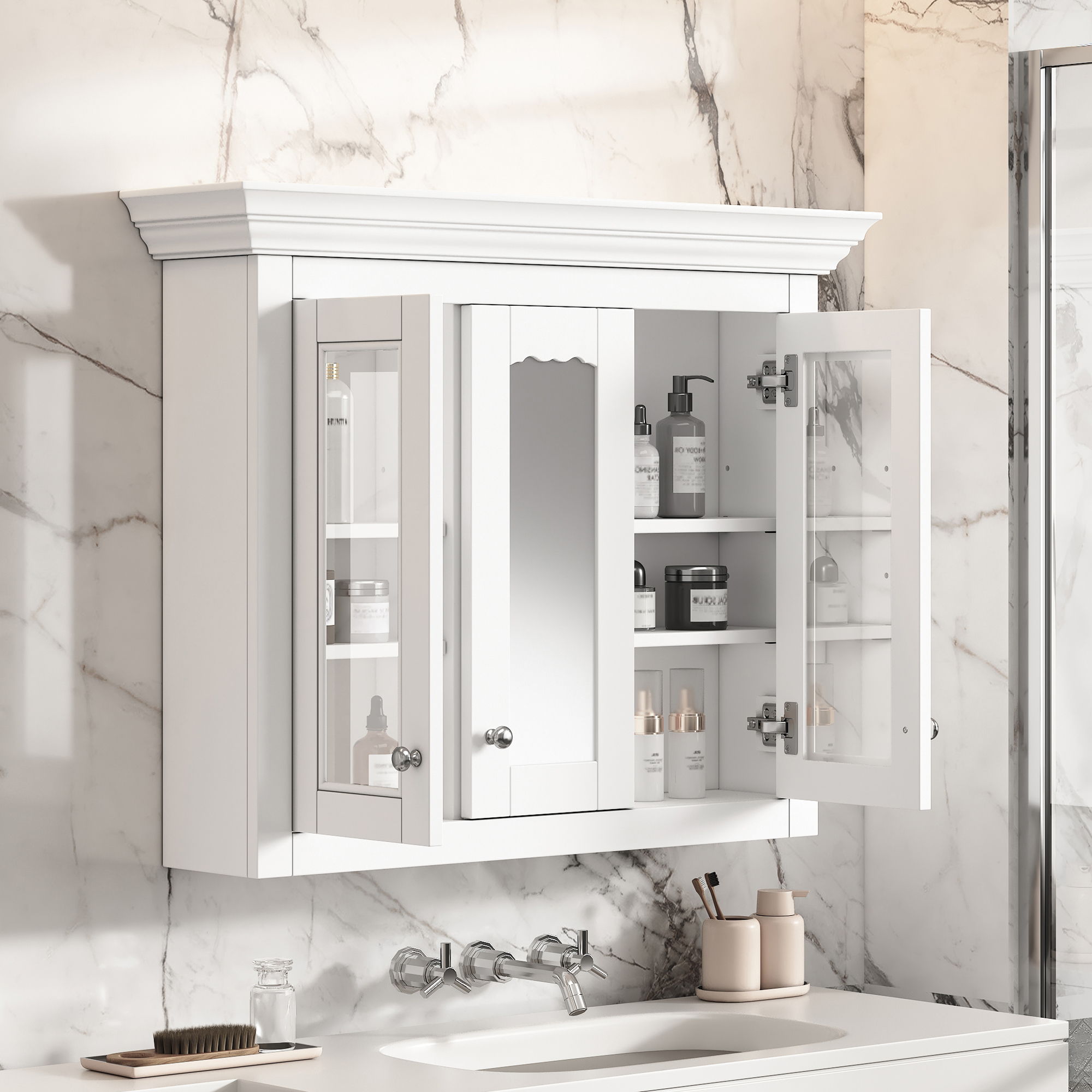 Bathroom Medicine Cabinet With Mirror, 5 Adjustable Closed Shelves, Wall-Mounted - White
