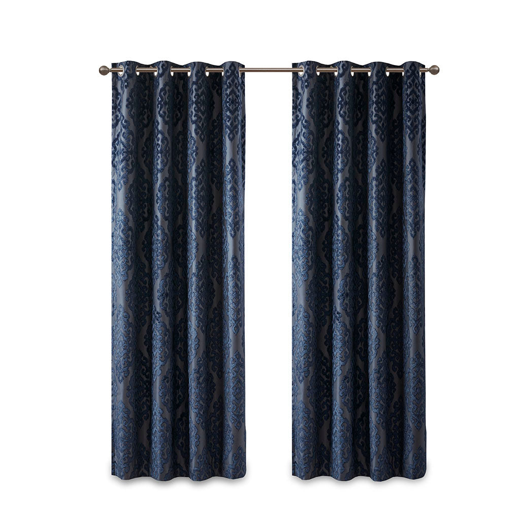 Knitted Jacquard Damask Total Blackout Grommet Top Curtain Panel