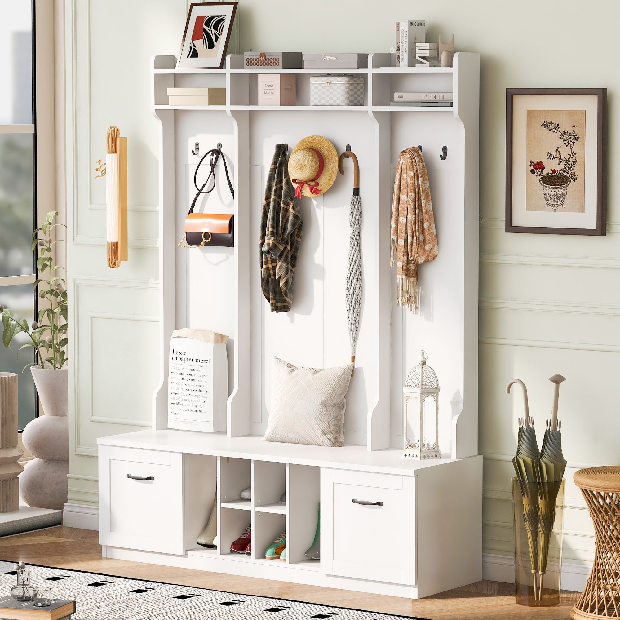 5 In 1 Entryway Bench With Coat Rack, 7 Sturdy Hooks, 2 Spacious Drawers And Adjustable Shelves