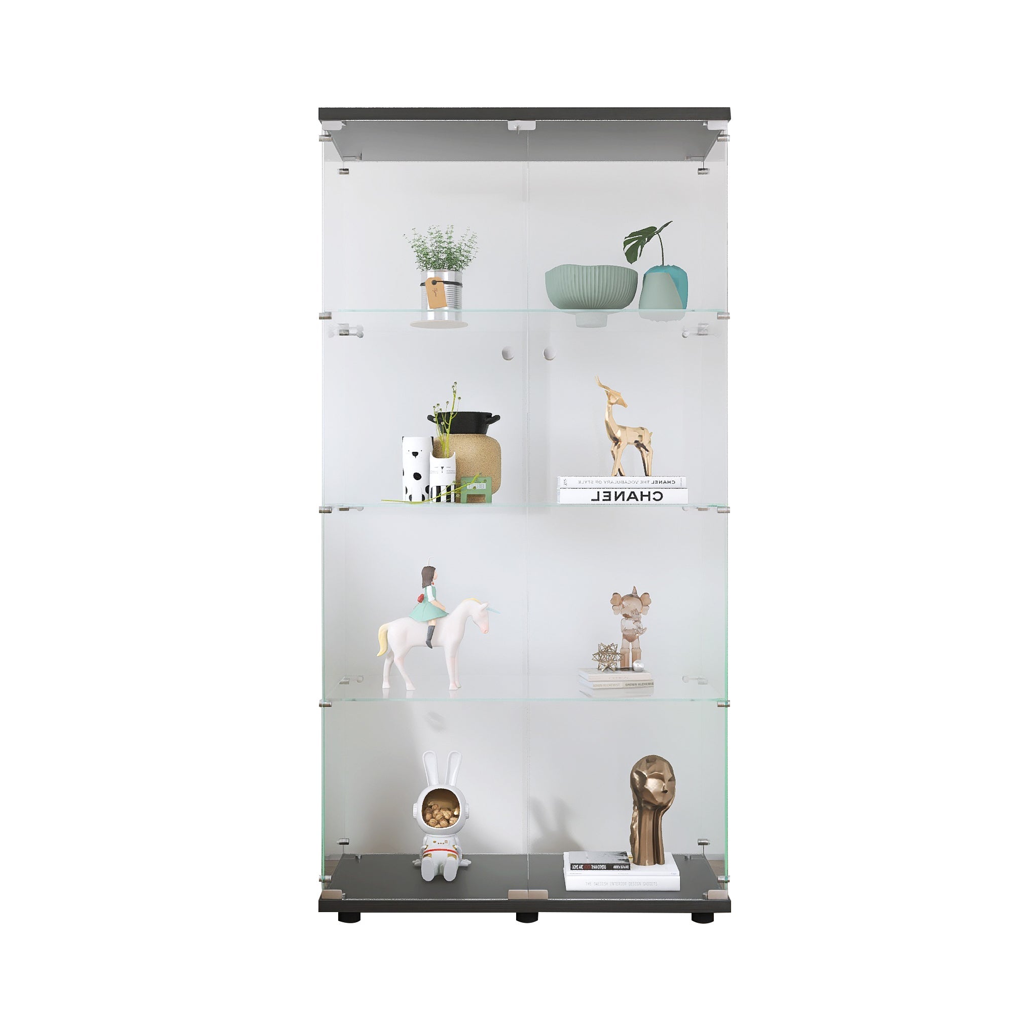 Two-door Glass Display Cabinet 4 Shelves with Door, Floor Standing Curio Bookshelf for Living Room Bedroom Office, 64.7"*31.7"*14.3",Black