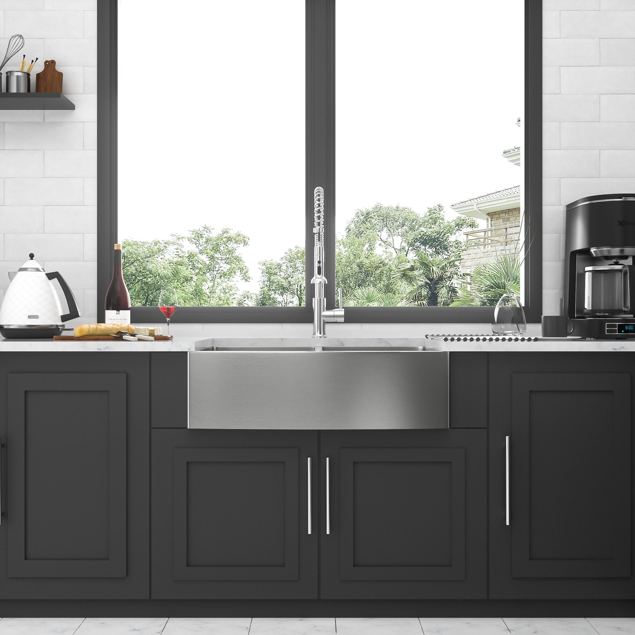 Double Bowl Farmhouse Sink, Stainless Steel Apron Front Kitchen Sink 16 Gauge - Brushed Nickel
