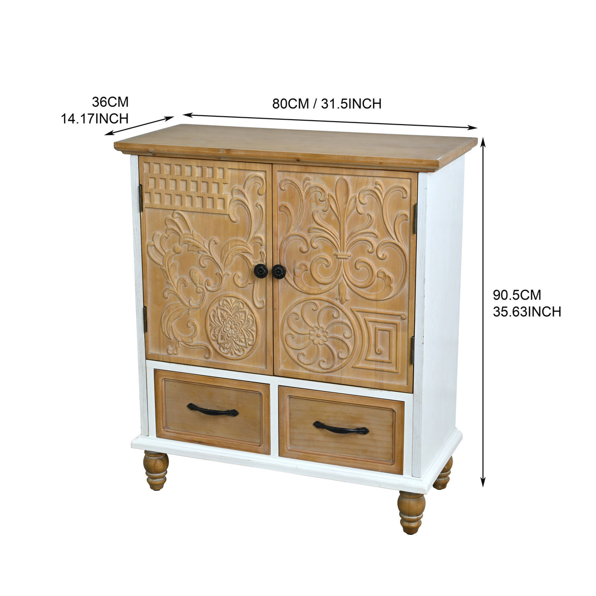 Accent Flower Carved Door Sideboard Cabinet With 2 Drawers For Kitchen - Natural Wood Wash / White