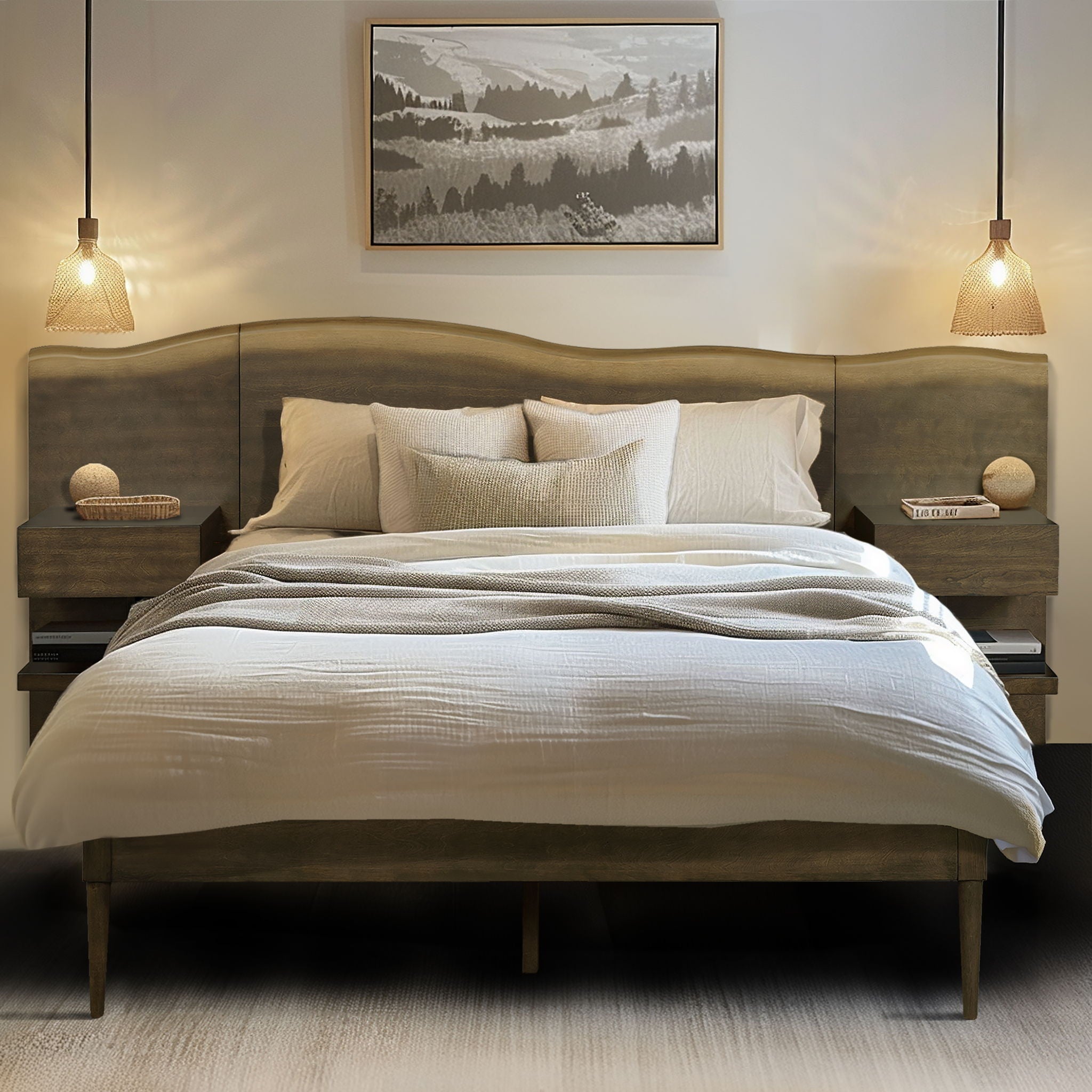 Clark - Queen Platform Bed Frame With Live-Edge Headboard And Built-In Nightstands / Drawers - Dark Brown