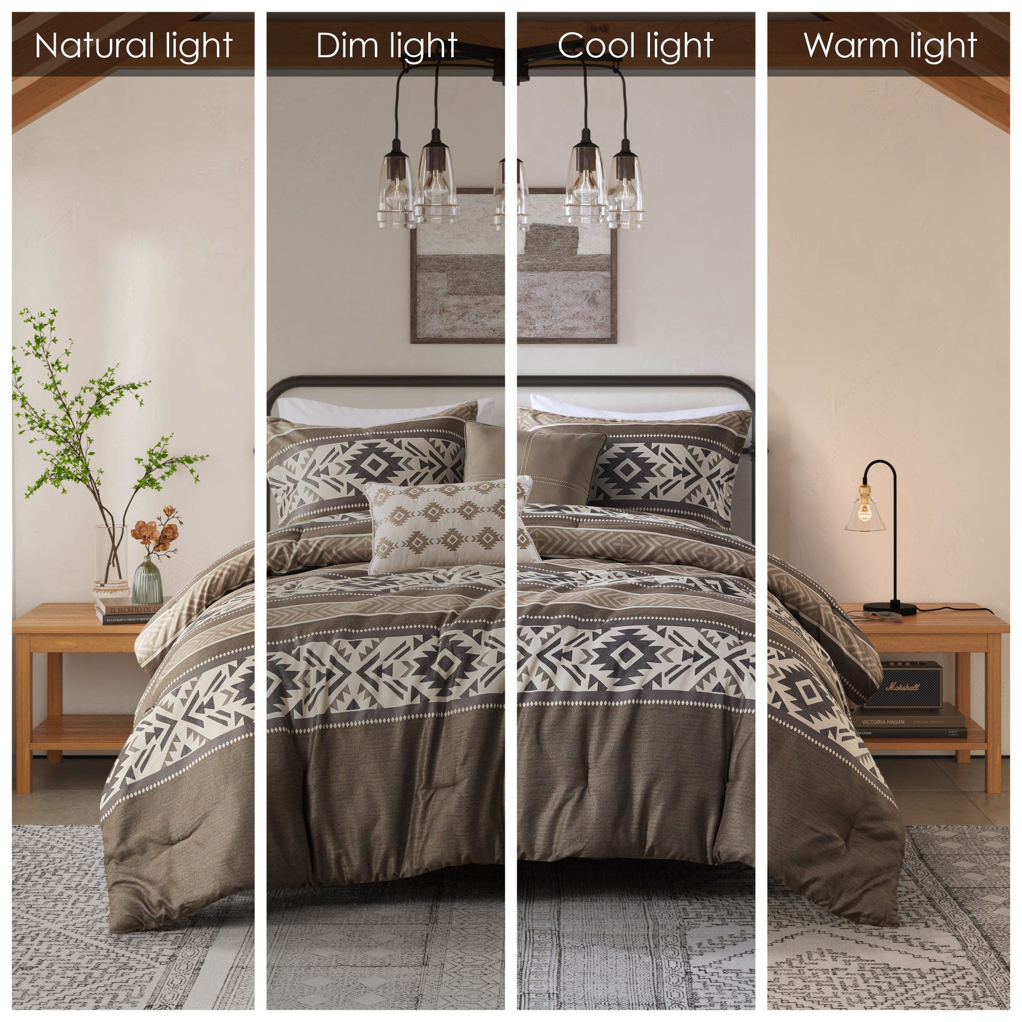 Mariposa - 5 Piece King/California King Stripe Herringbone Comforter Set With Throw Pillows - Brown