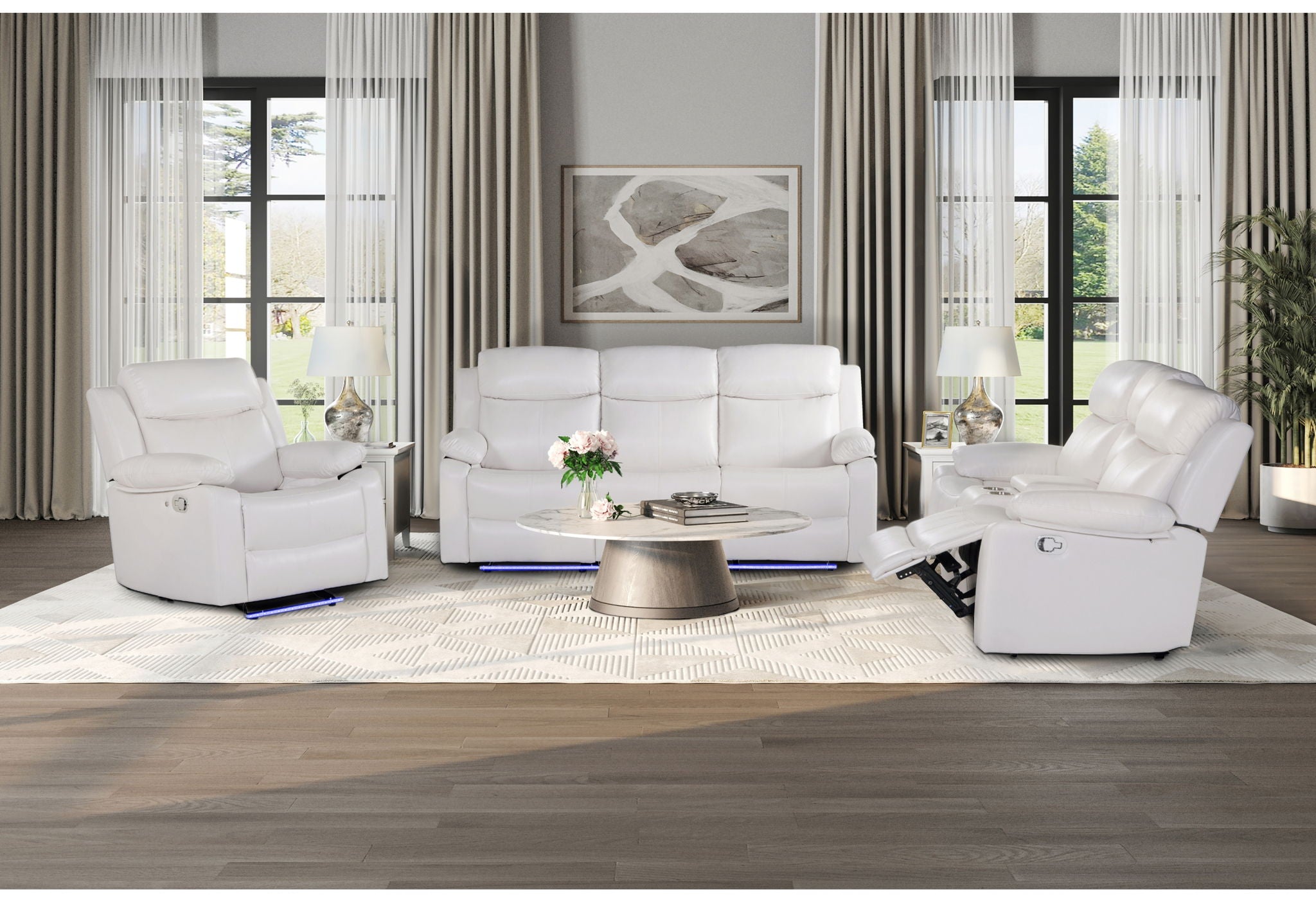 U6026 - 3 Piece Living Room Set (Reclining Sofa, Console Reclining Loveseat With Speaker, Glider Recliner With LED) - White