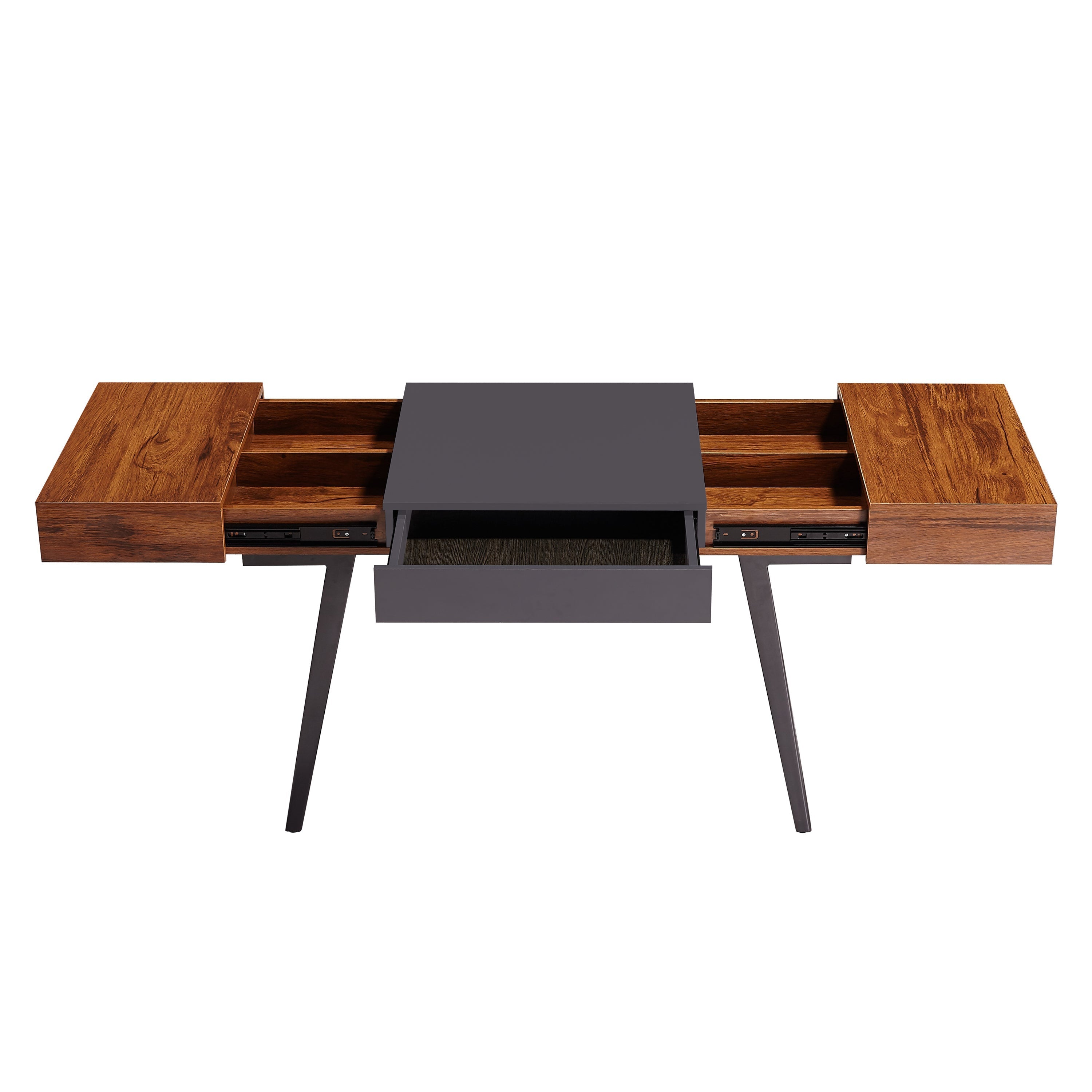 Techni Mobili Writing Desk - Dual Side & Pull-Out Front Drawer - Coated Grey Steel Frame - Mahogany