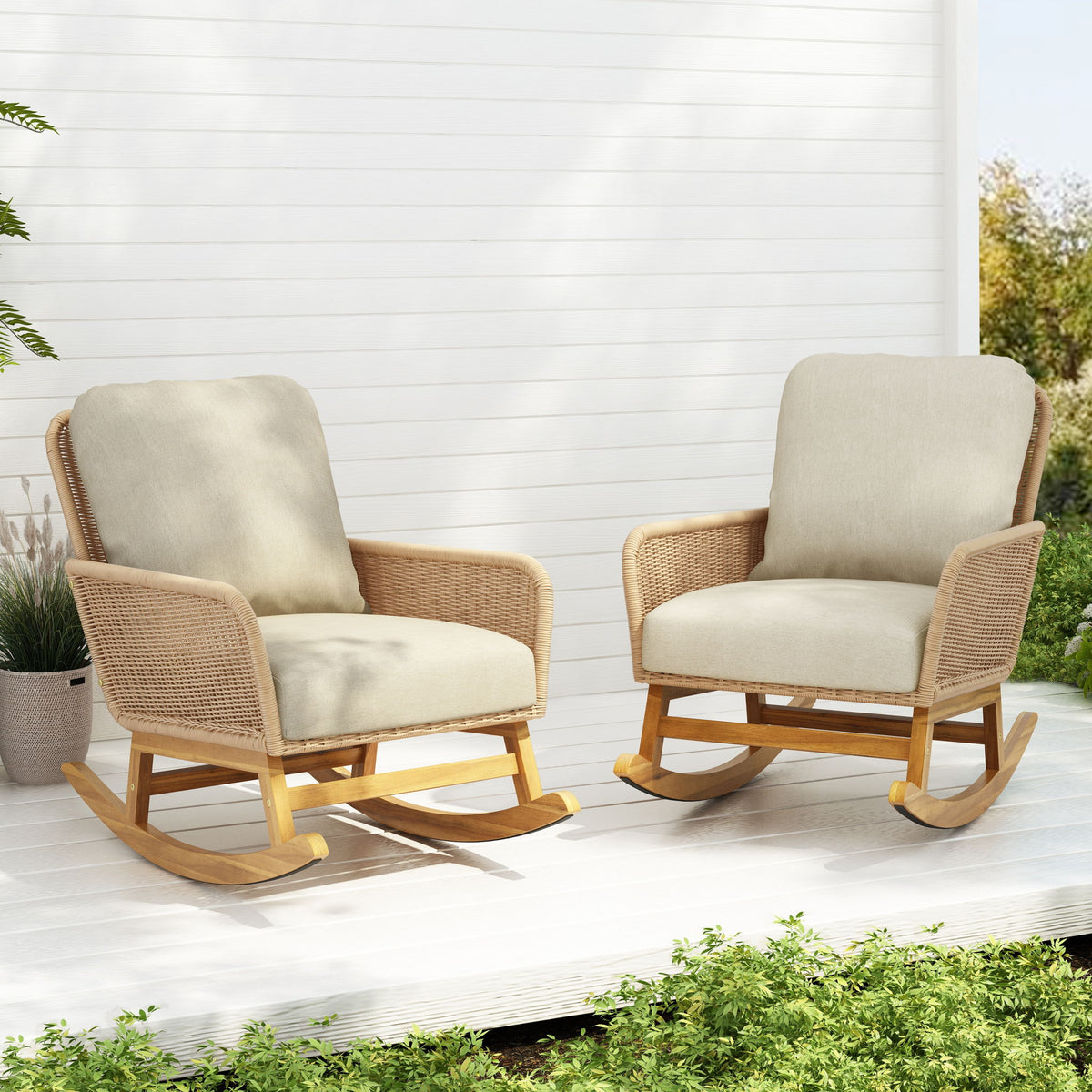 Contemporary Minimalist Wicker Rocking Chair With Soft Cushions And Durable Wooden Frame