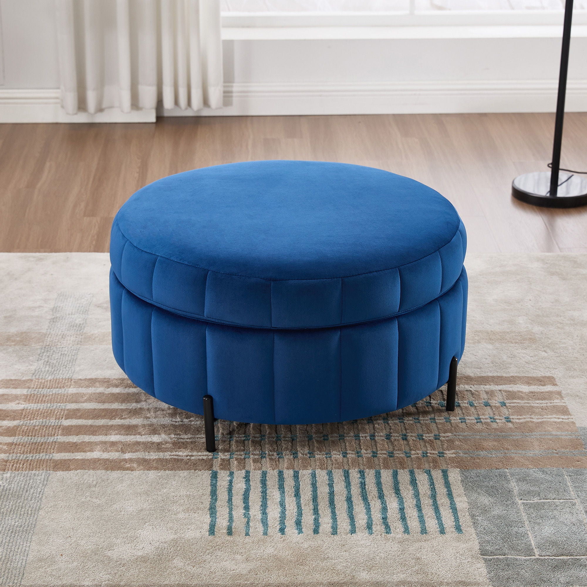 Upholstered Round Ottoman With Reversible Lid, Channel Tufted Pumpkin Shape