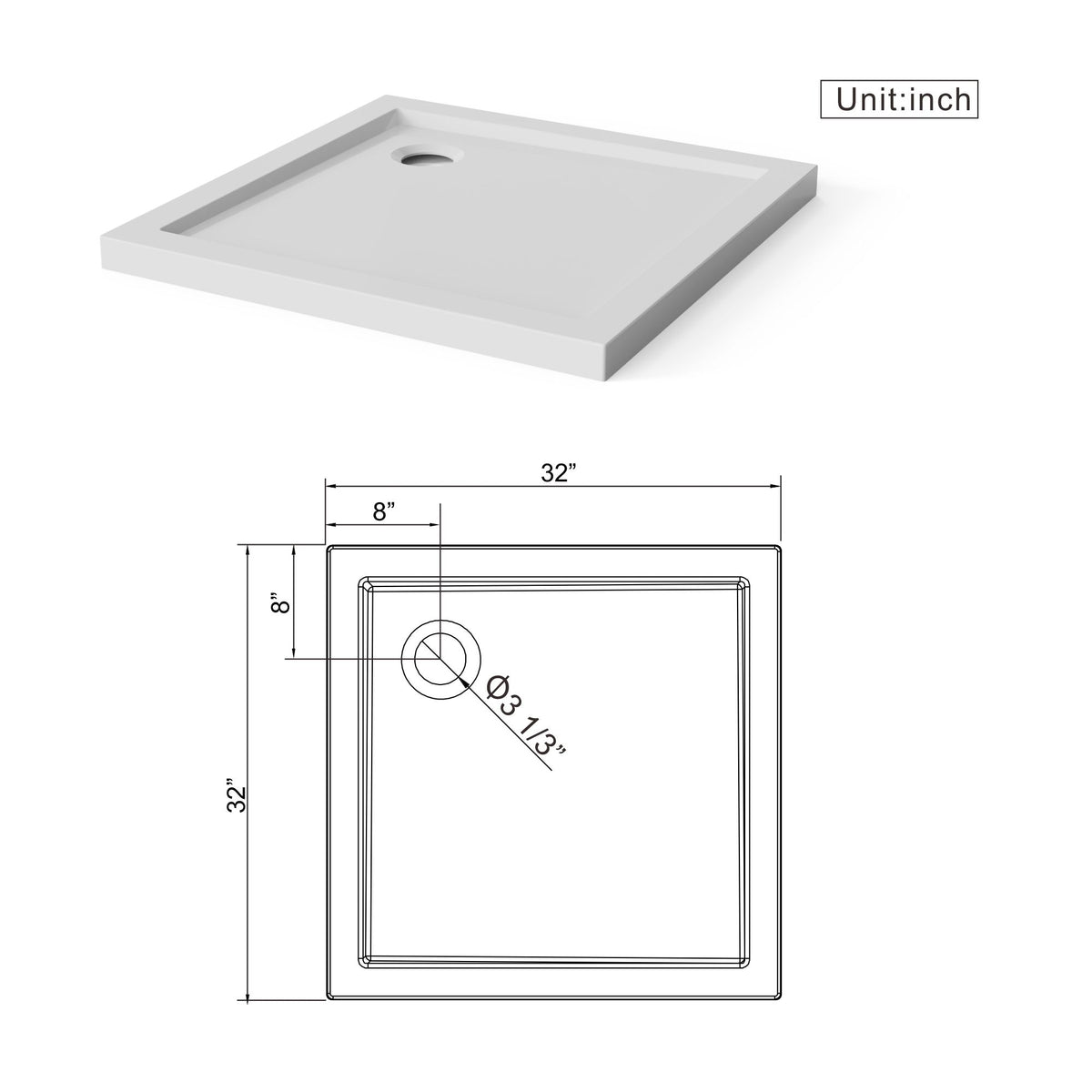 Shower Base, Centered Drain, No Threshold, 5 Layer - White