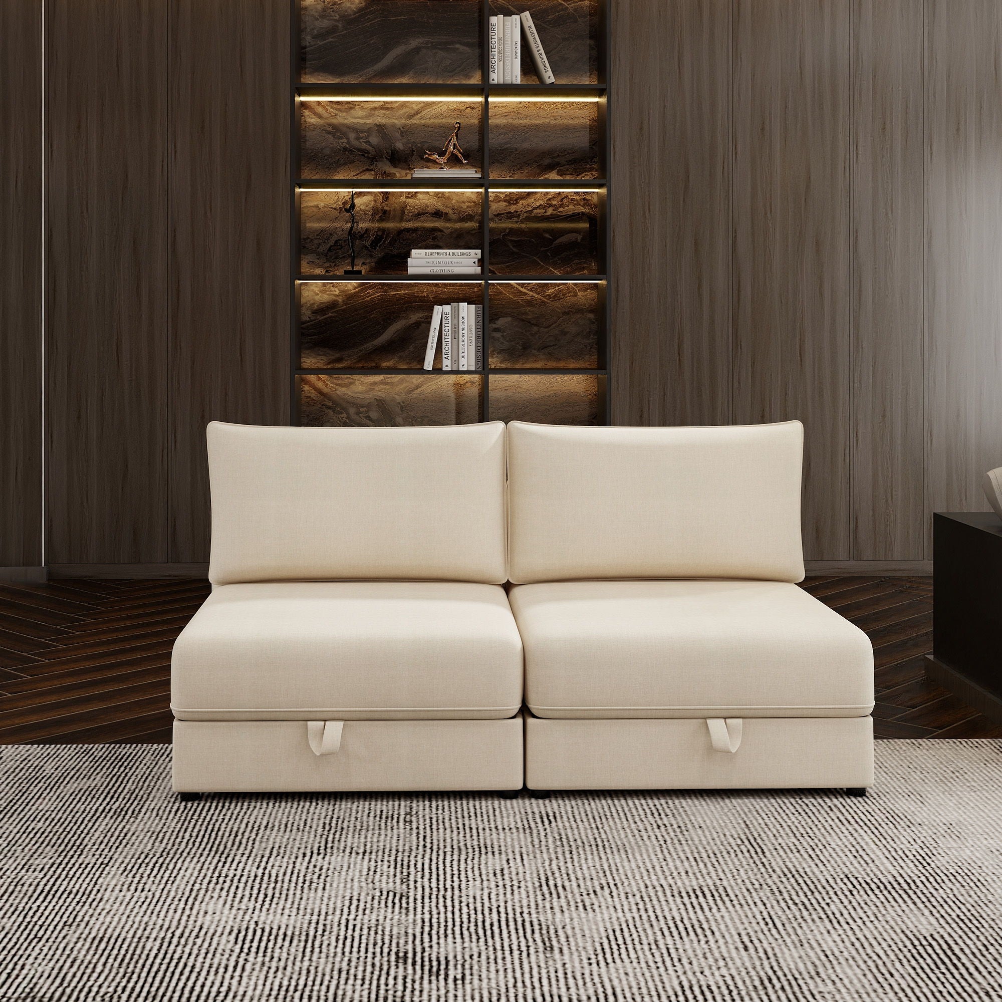 Modular Sectional Sofa With Storage, Convertible 2 Seater Sleeper Sofa - Beige