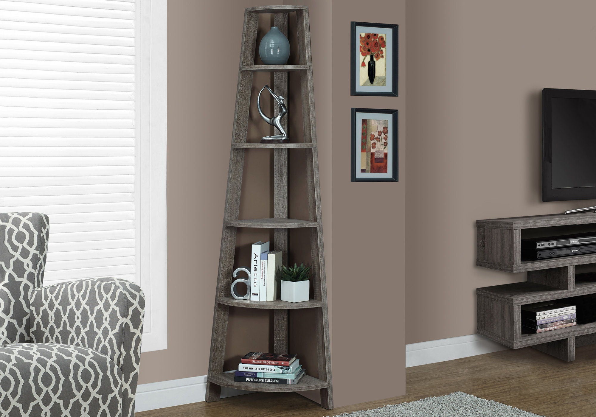 Bookshelf, Bookcase, Etagere, Corner, 5 Tier, For Office, Contemporary & Modern - Taupe