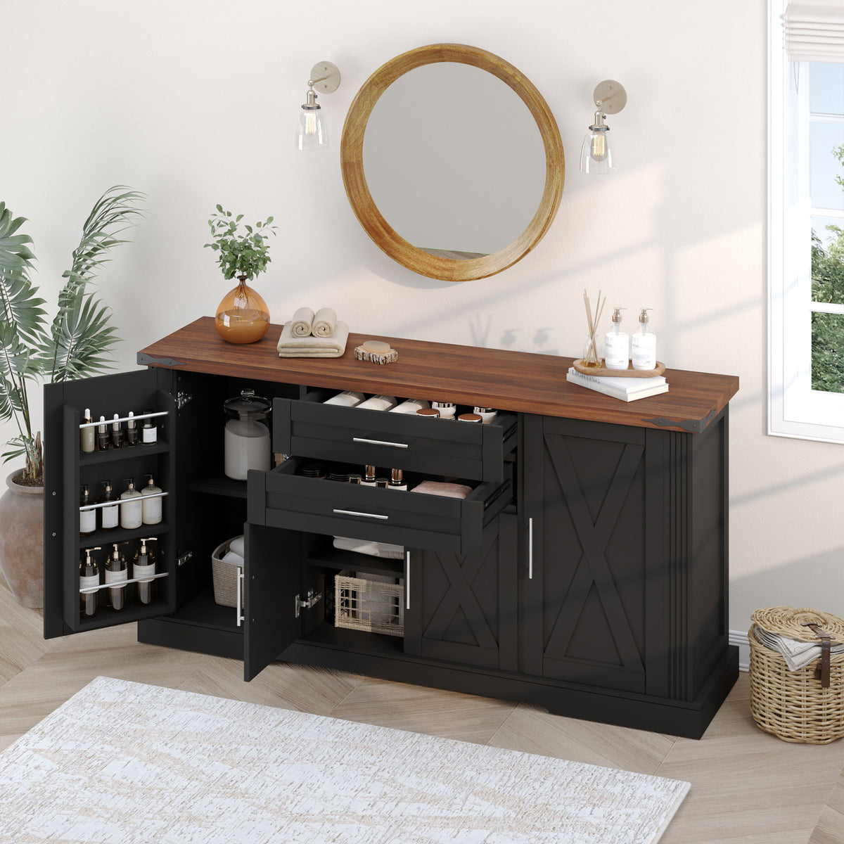 Barn Door Storage Cabinet With 2 Drawers & Door Rack, Adjustable Shelves - Black