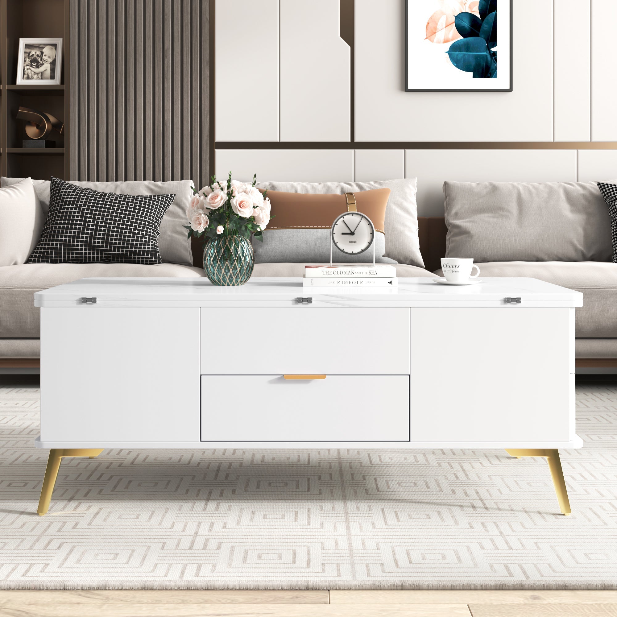 Modern Lift Top Coffee Table Multi Functional Table with Drawers in White