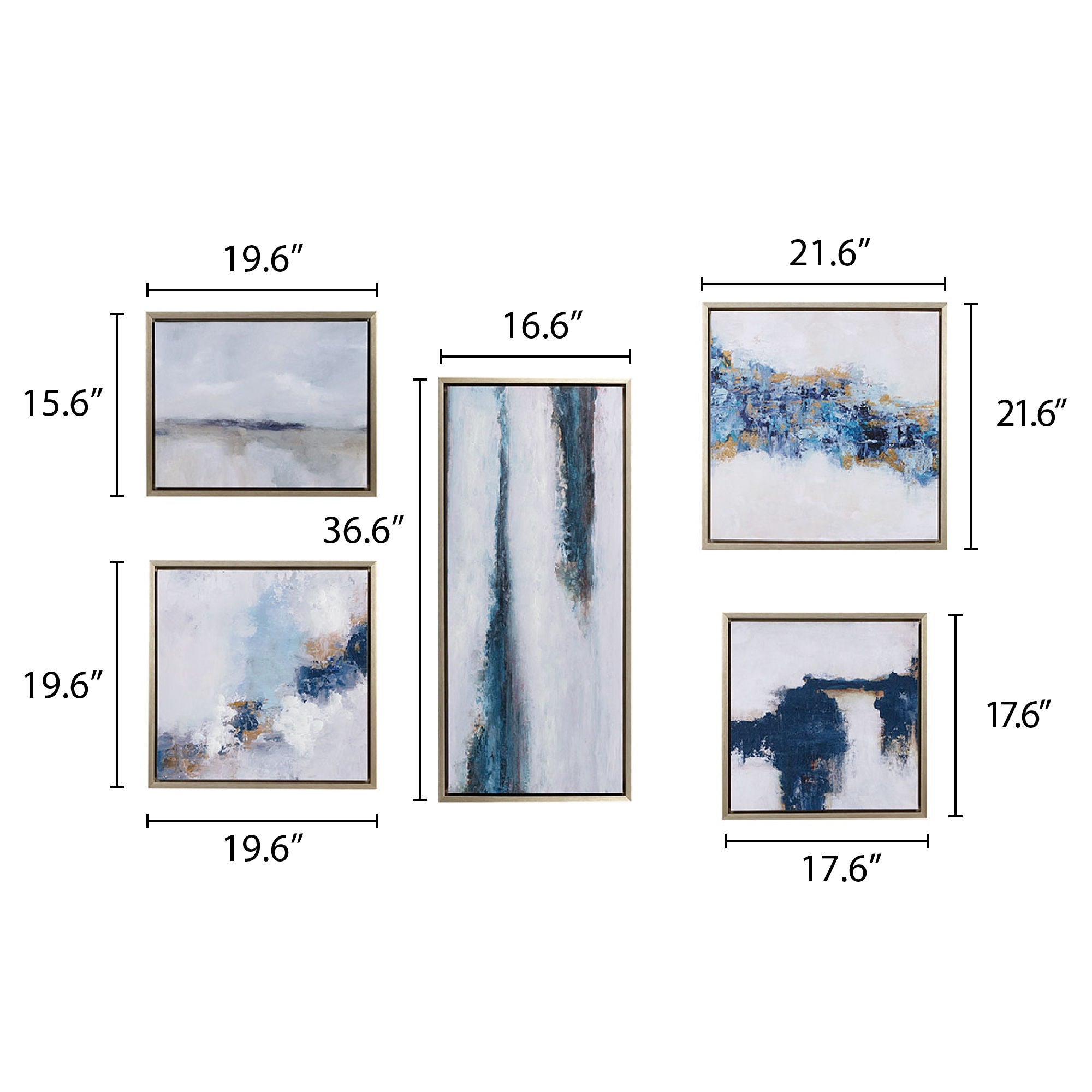 Blue Drift - Framed Embellished Canvas Gallery (Set of 5) - Multi