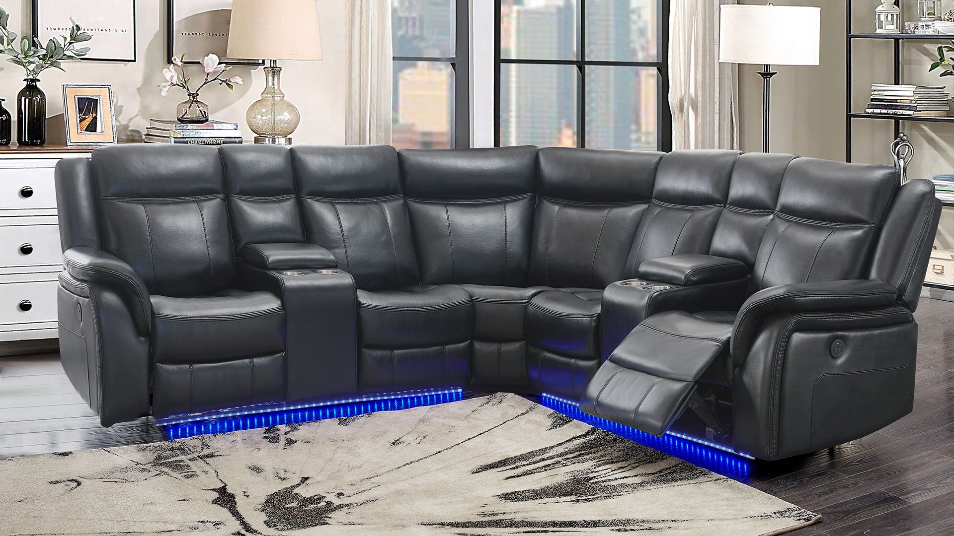 UM02 - Sectional RAF Power Console Reclining Loveseat With LED - Charcoal