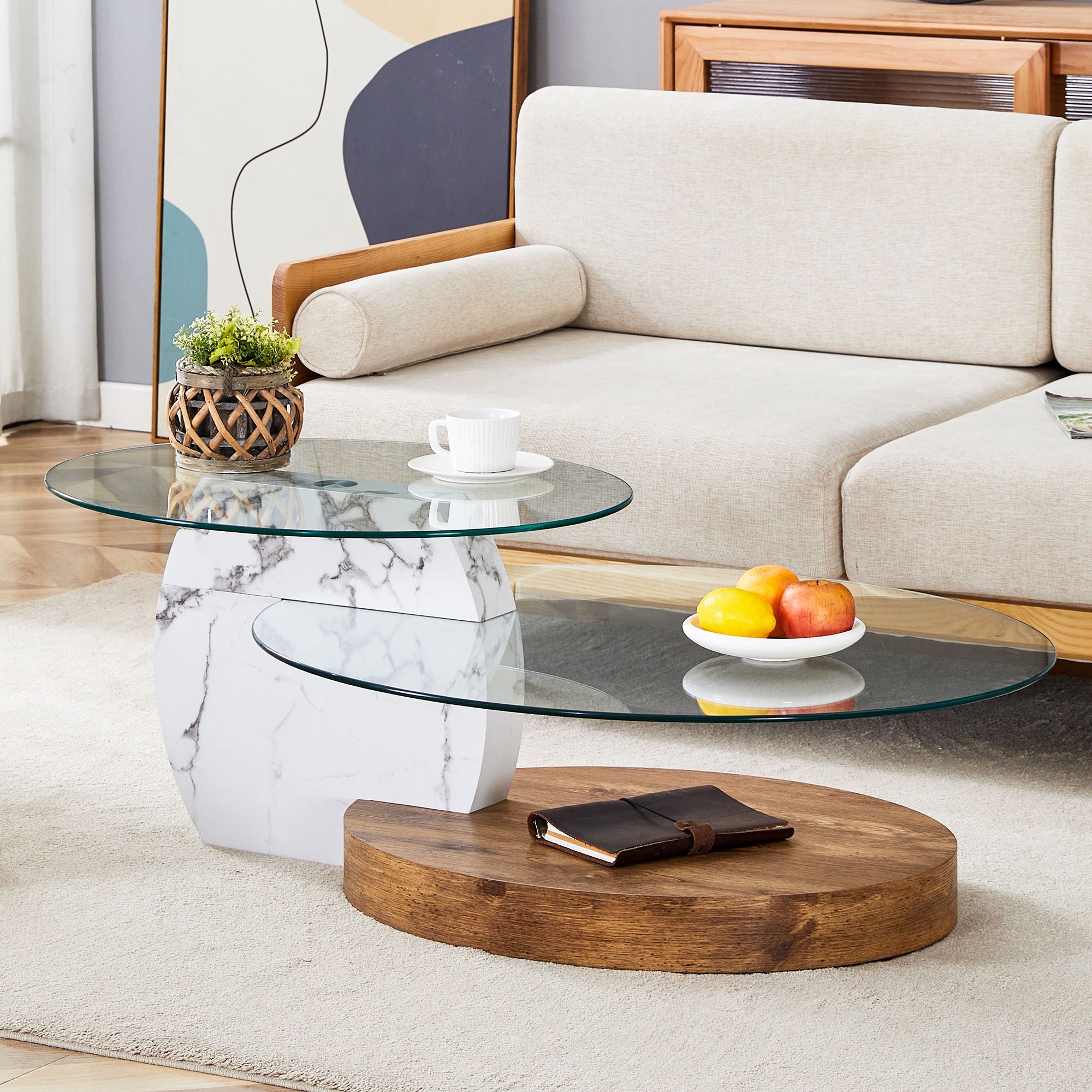 Contemporary Artistic Double Layer Coffee Table, Tempered Glass Top