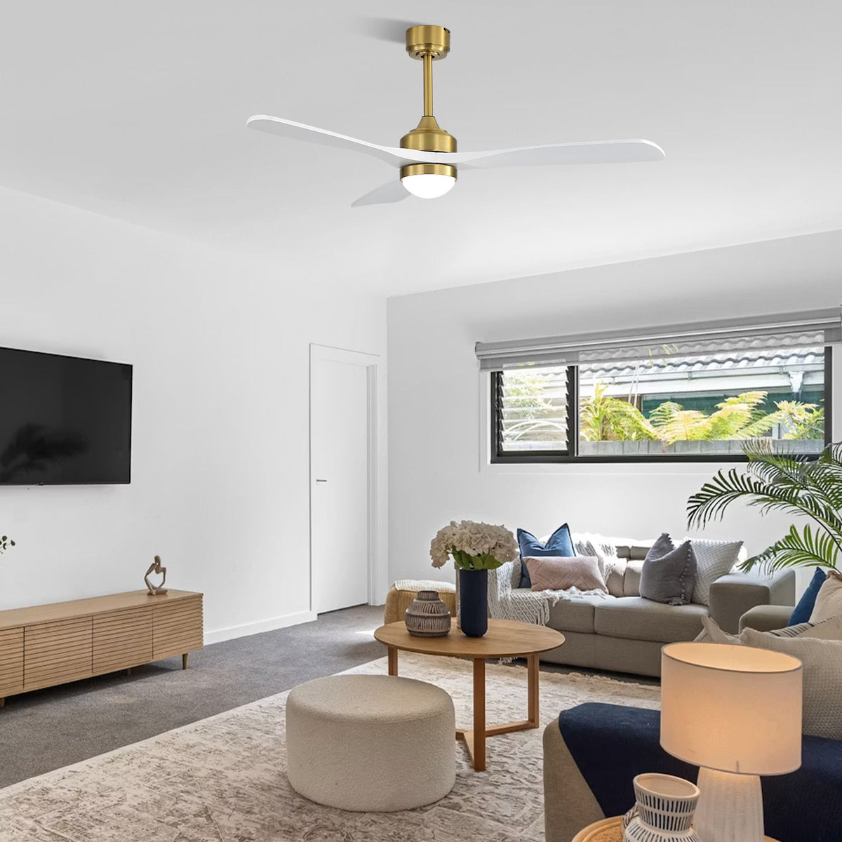52" Ceiling Fan With Light And DC Motor, Flush Mount / Downrod, Ideal For Living Room - Gold / White
