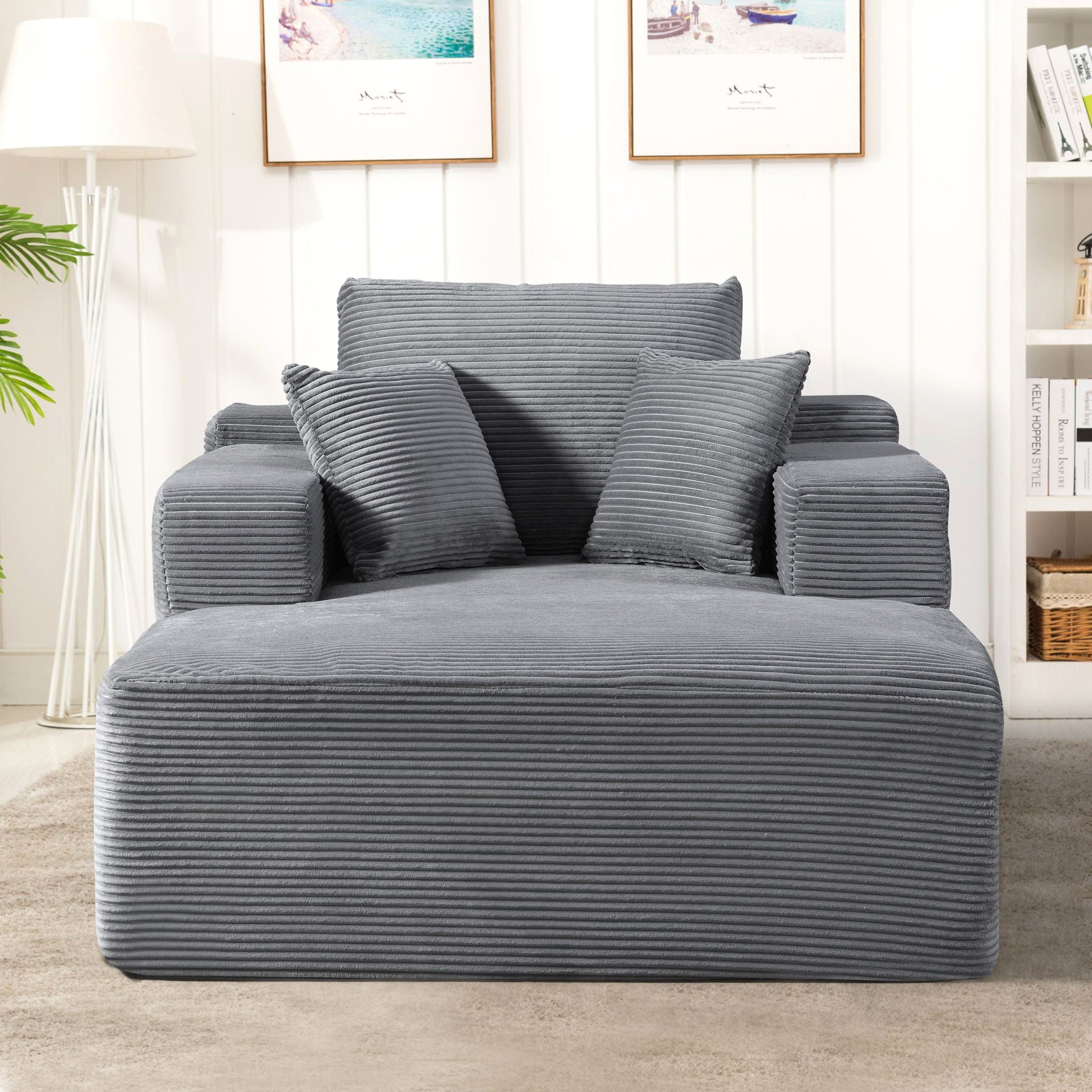 Convertible Chaise Lounge Chair With Wide Armrest & Throw Pillows