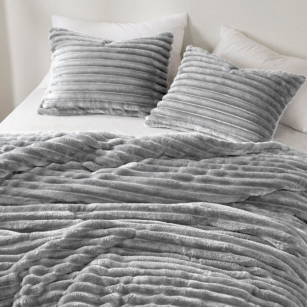 Avril - Twin/Twin Long Fluffy Ribbed Plush Comforter Set - Gray