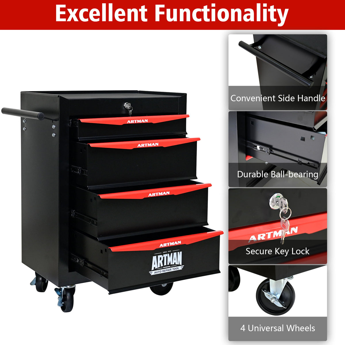 Rolling Metal Tool Chest With Drawers, Steel Storage Cabinet With Ball Bearing Slides