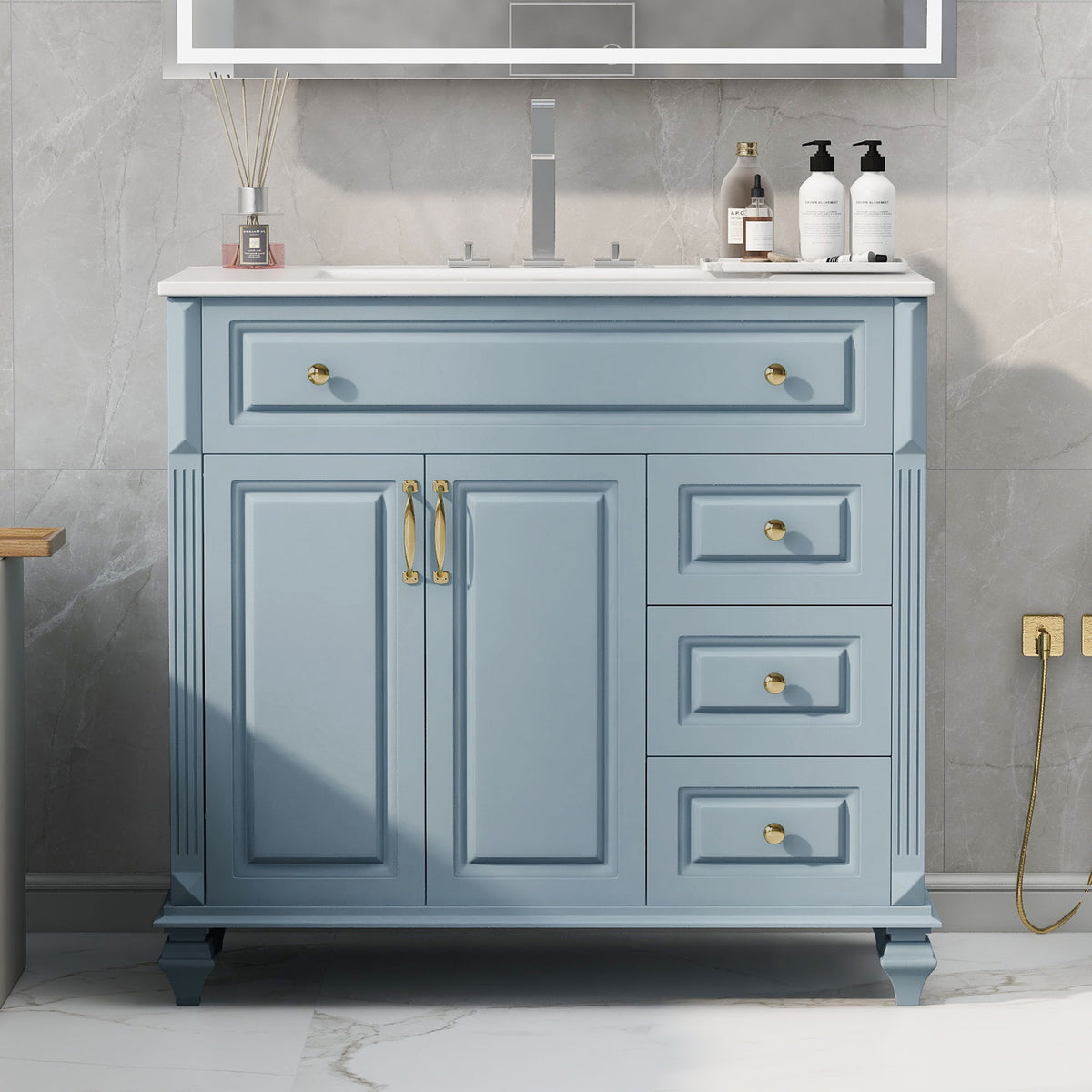 Modern Bathroom Vanity With Sink, 3 Drawers & 2 Doors