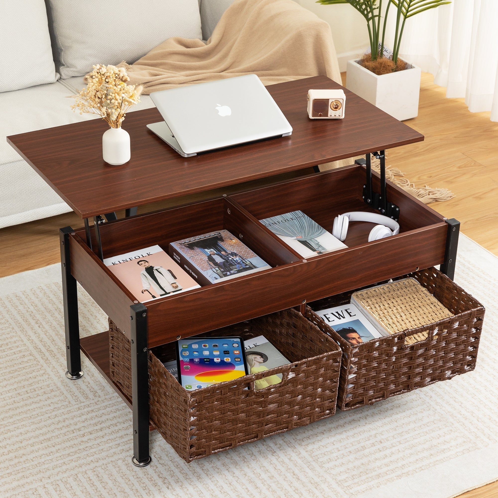 Metal coffee table,desk,with a lifting table,and hidden storage space.There were two removable wicker baskets that could be placed in any space such as the living room,color:brownwith solid wood grain